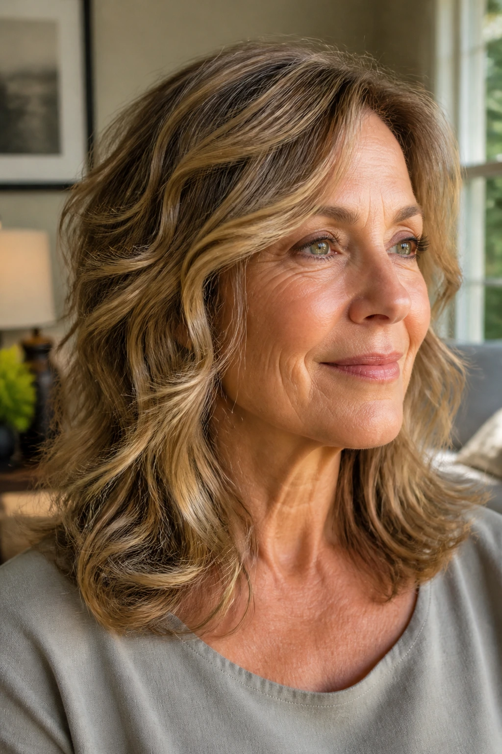 Close-up of a real woman with feathered mid-length wavy hair