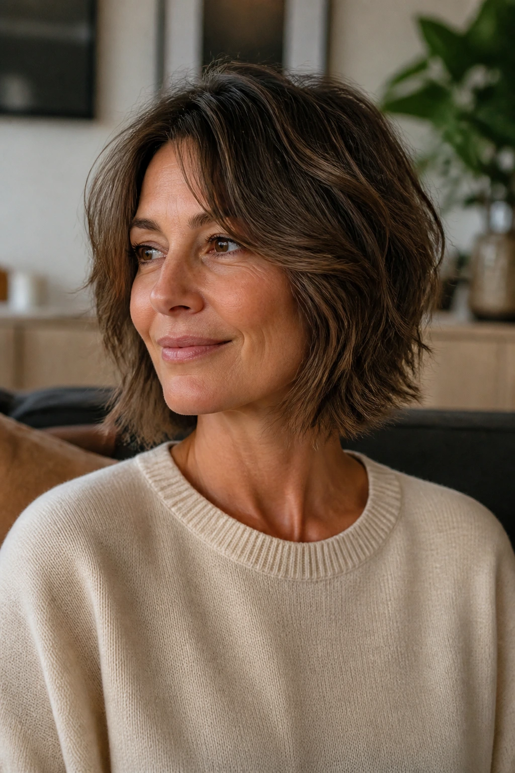 Real woman with feathered mid-neck bob in warm indoor light