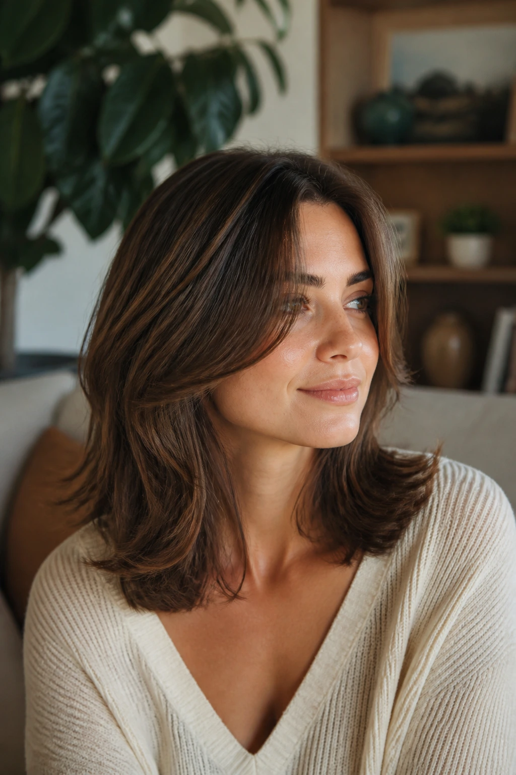 Portrait of a real woman with feathered midi and airy internal layers in natural light