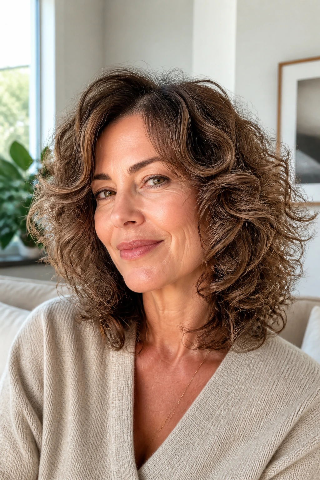Portrait of a woman with a feathered midi cut showing face-framing layers