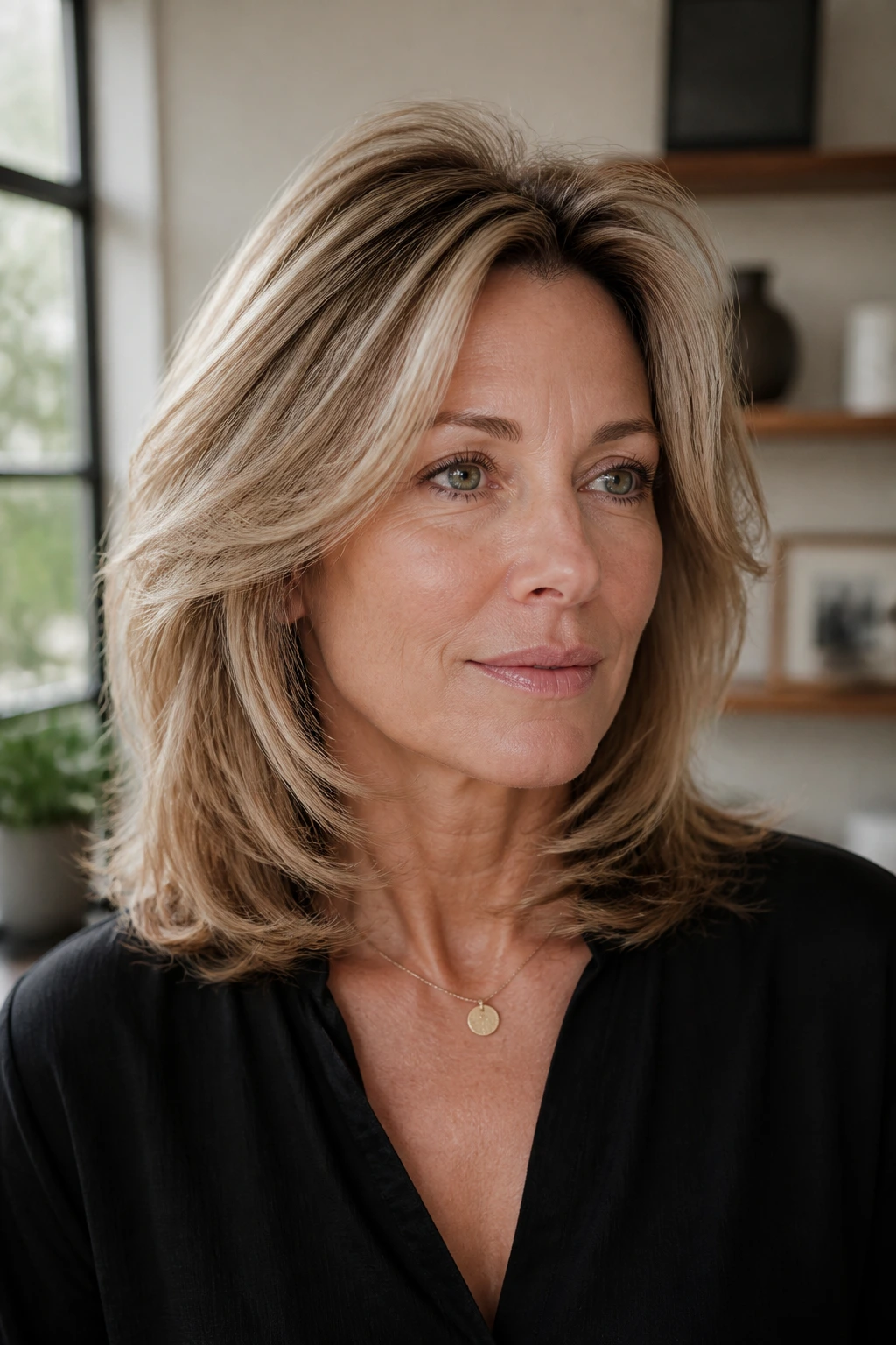 Close-up portrait of a real woman with a feathered midi cut and crown volume