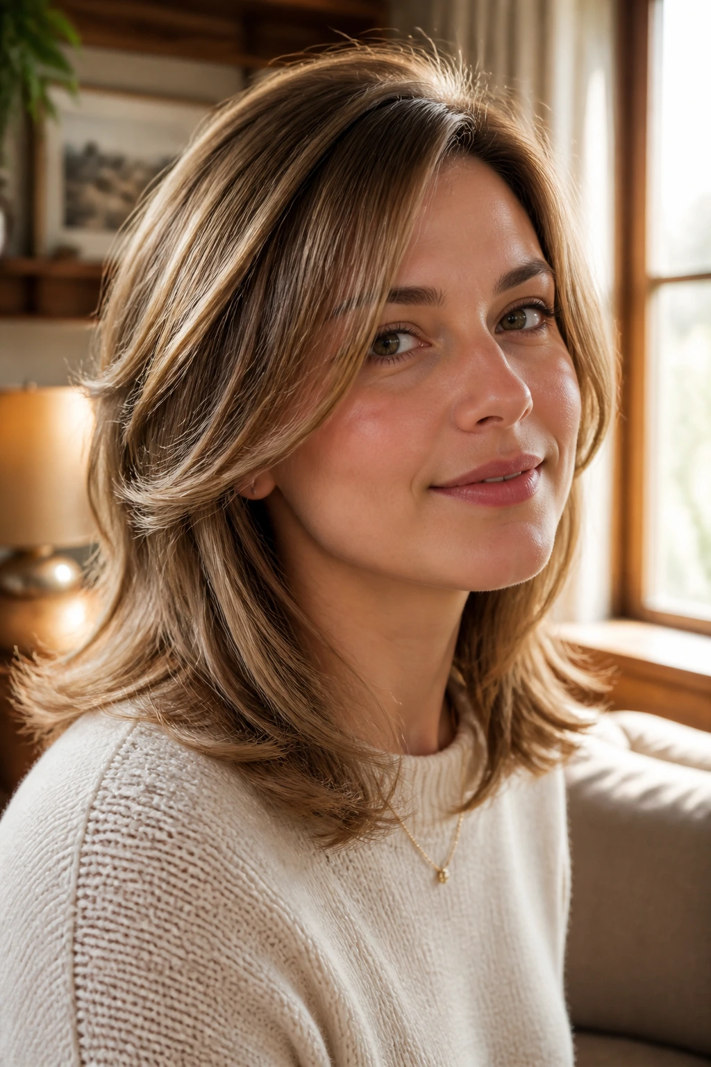 Close-up portrait of real person with feathered midi cut and soft midlength layers