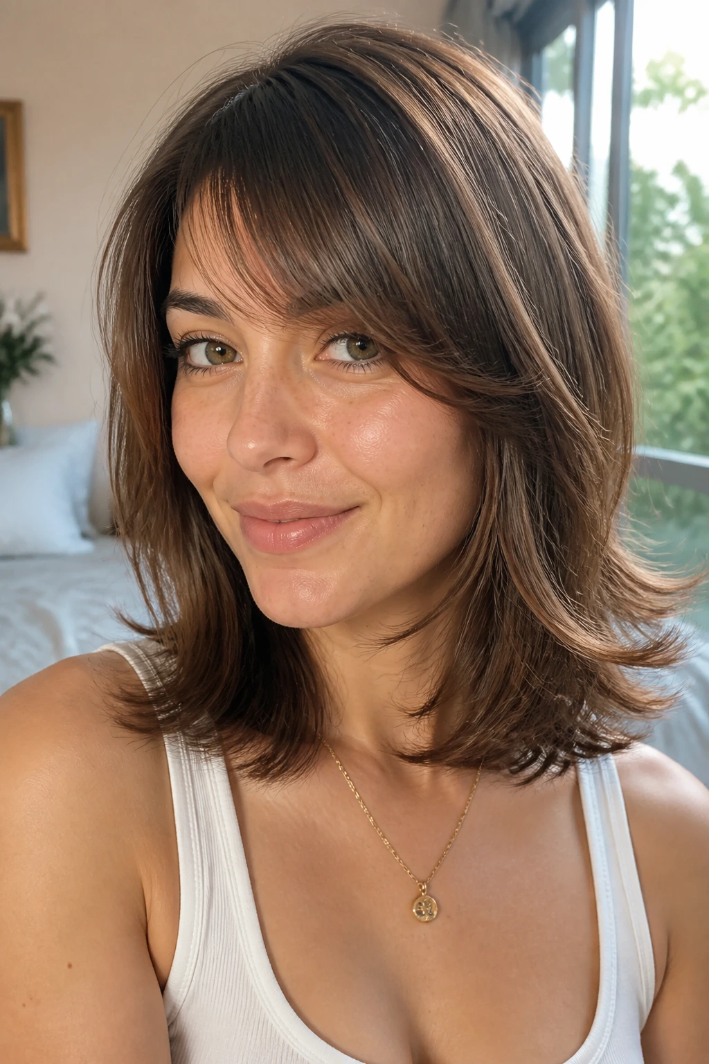 Close-up portrait of a real woman with a feathered midi cut and ends bending softly away from the face.