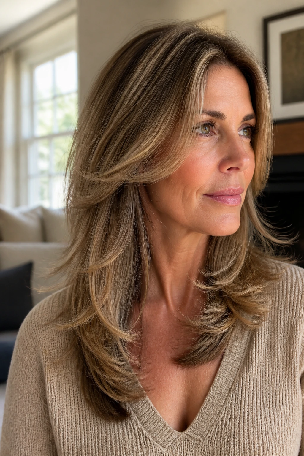 Close-up of a real woman with feathered midi layers in natural light