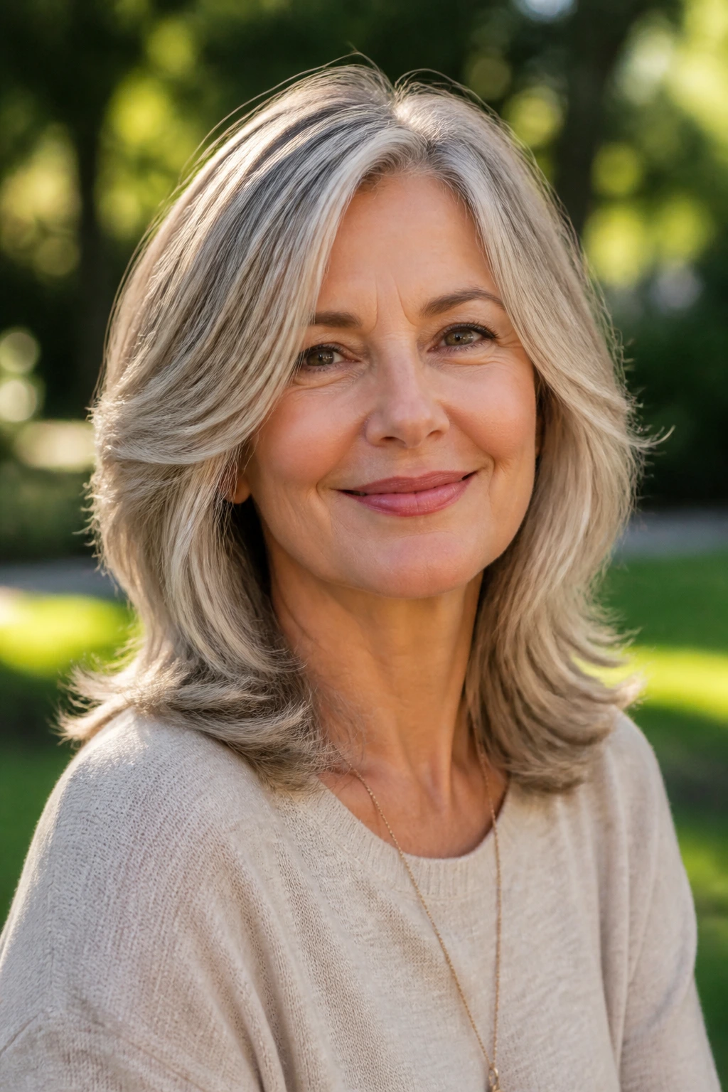 Close-up portrait of a woman with feathered mid-length cut showing light layering