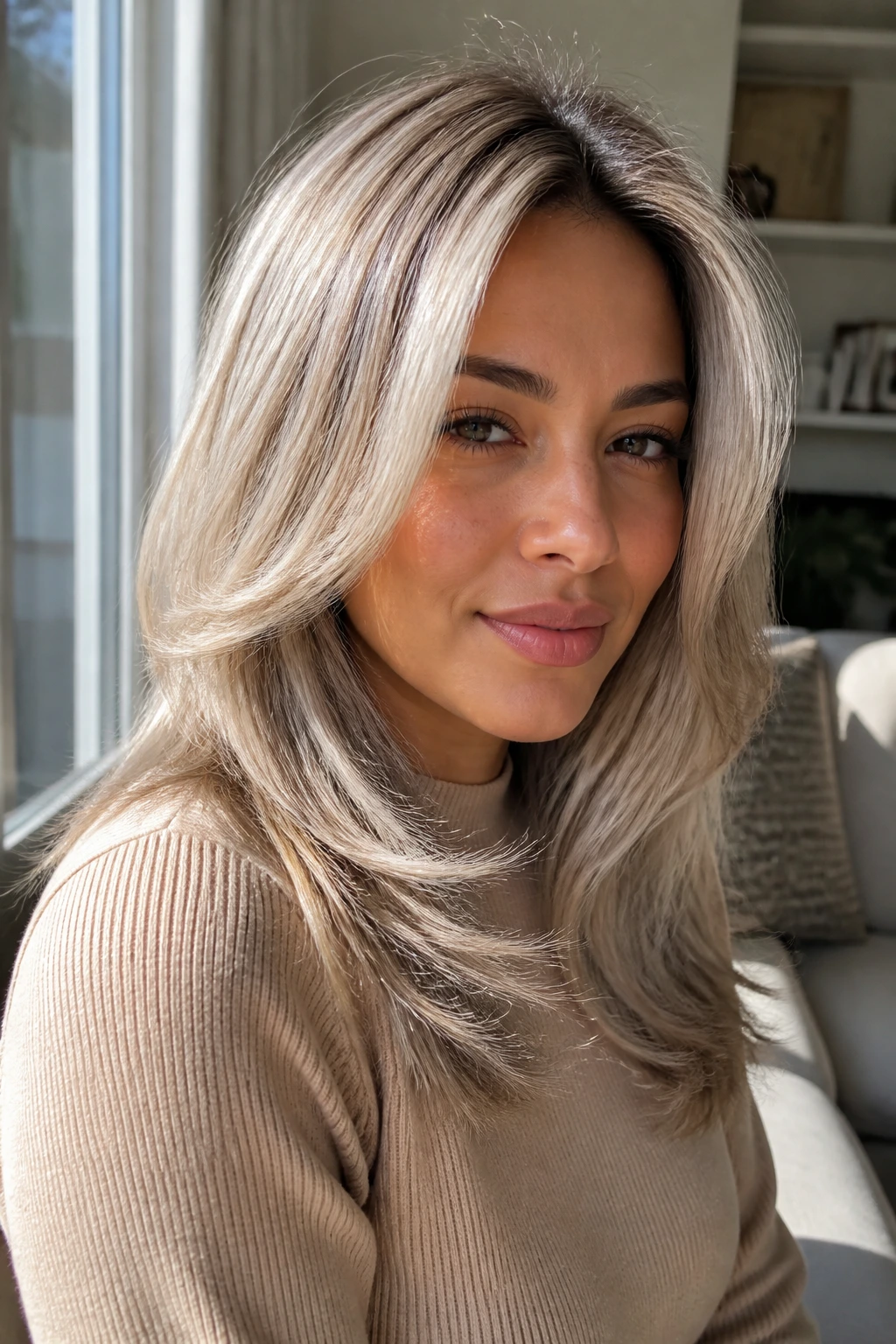 Close-up of a real woman with feathered midlength icy blonde with pale babylights in soft daylight