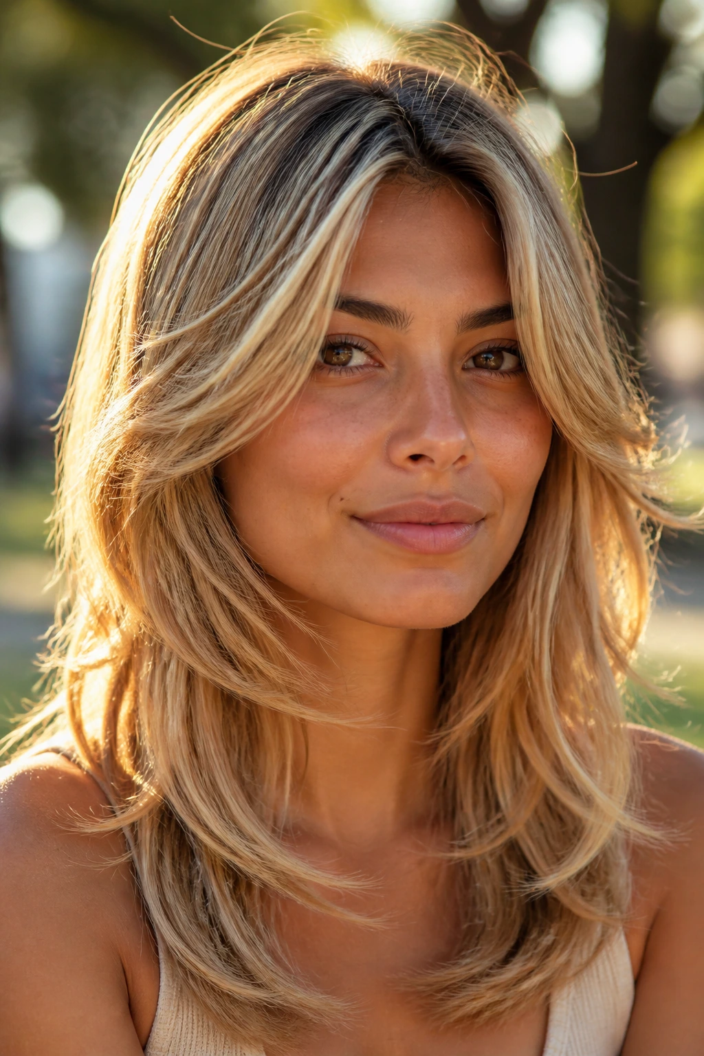 Portrait of real woman with feathered midlength cut and sunlit ribbons on olive skin.