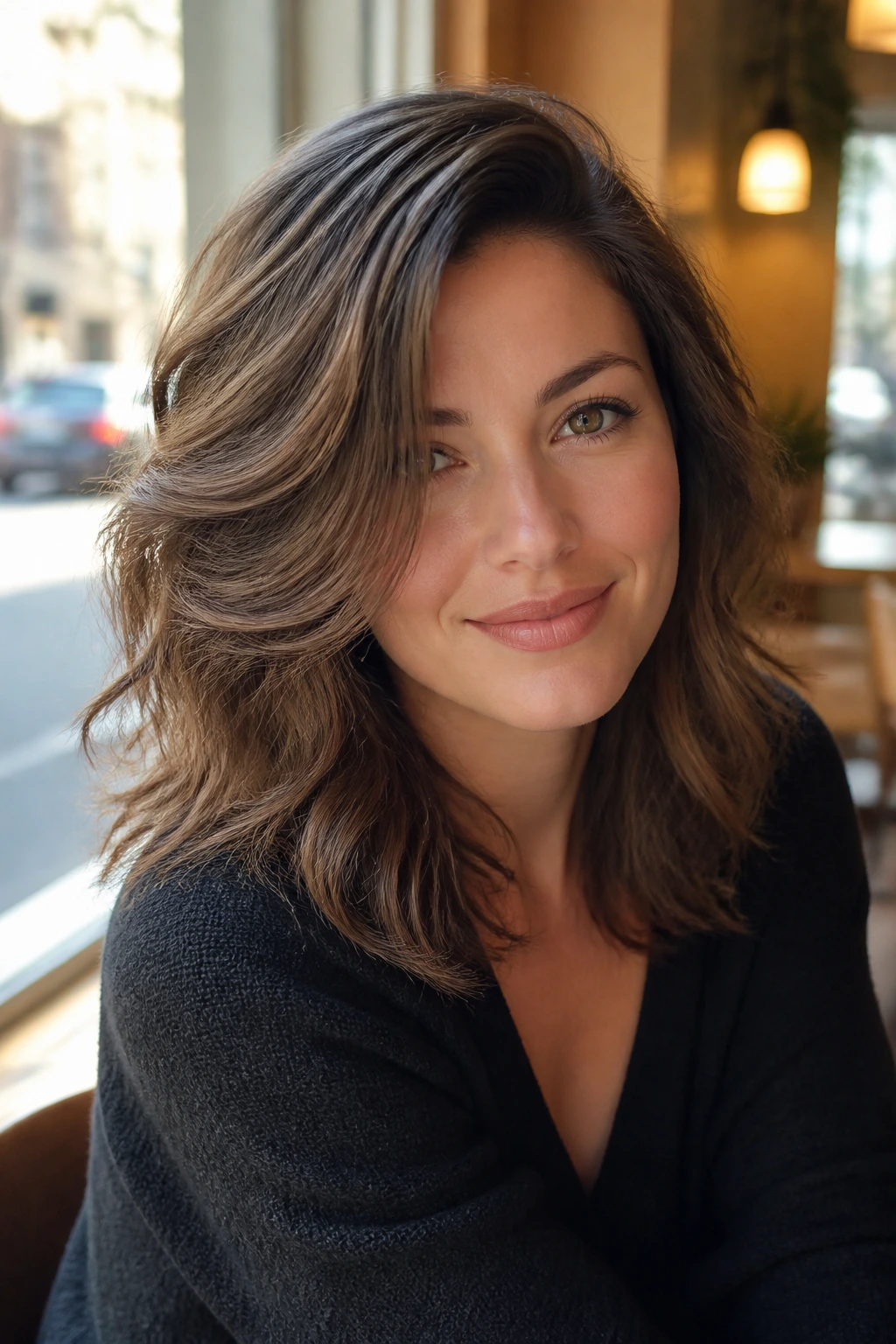 Portrait of a real woman with feathered mid-length cut and deep side part