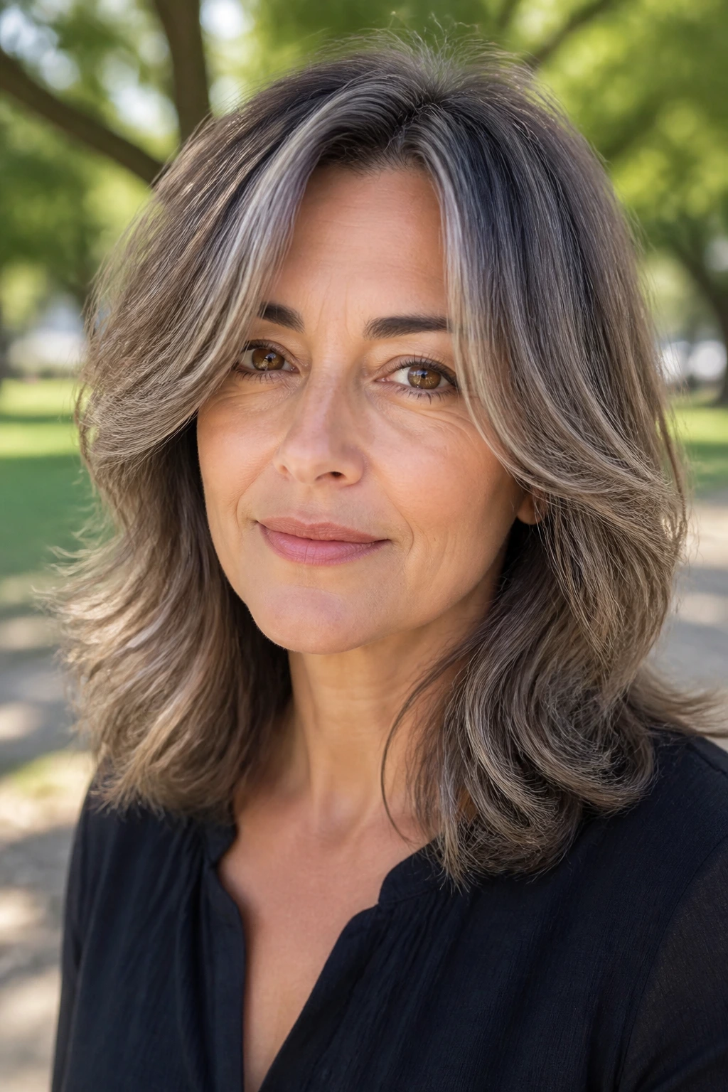 Close-up of a real person with feathered mid-length hair and taupe lowlights