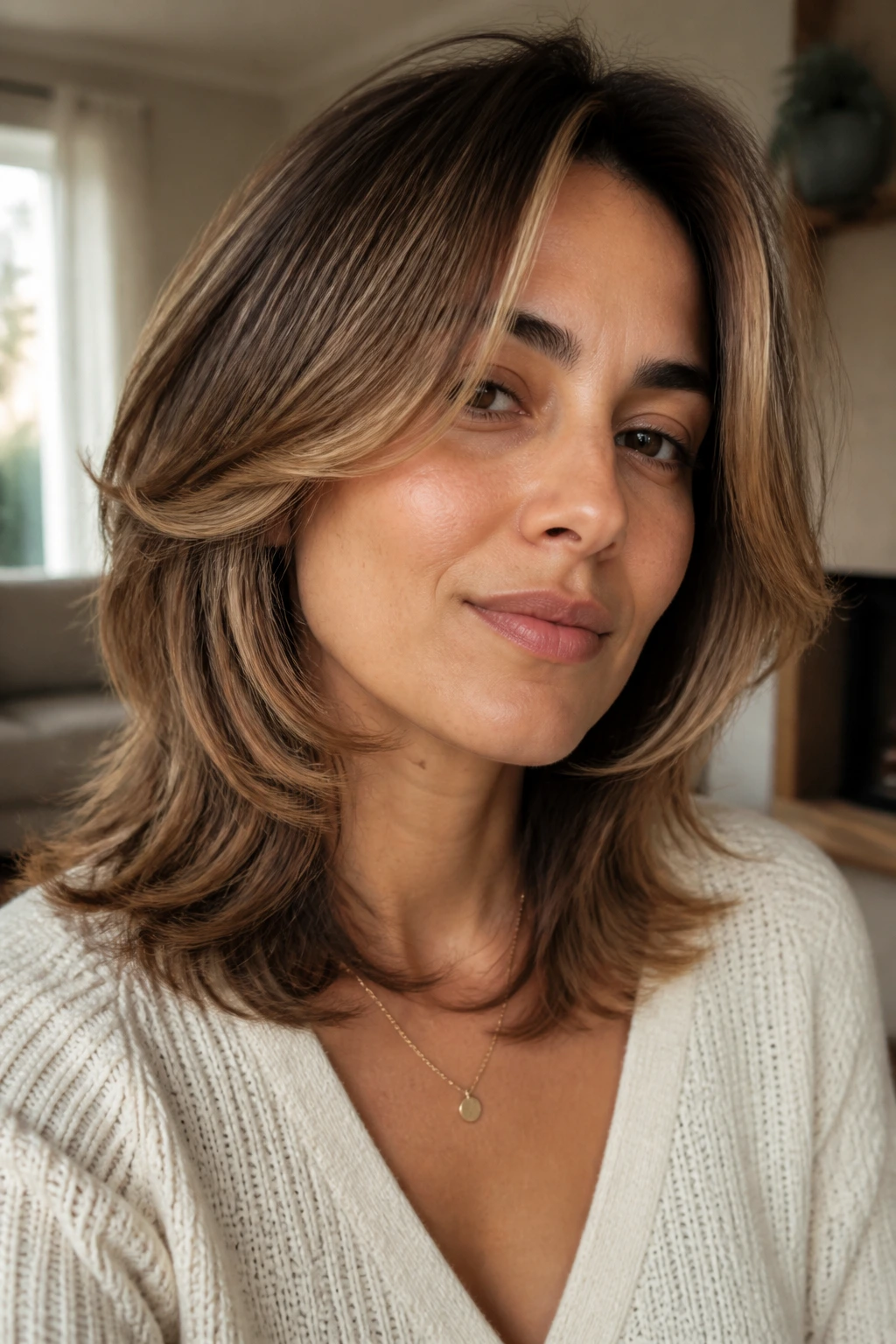 Close-up of feathered midlength cut with toffee highlights on olive skin