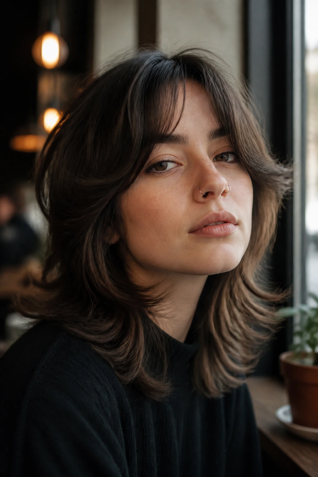 Close-up of a real person with Feathered Mod Cut and curtain bangs