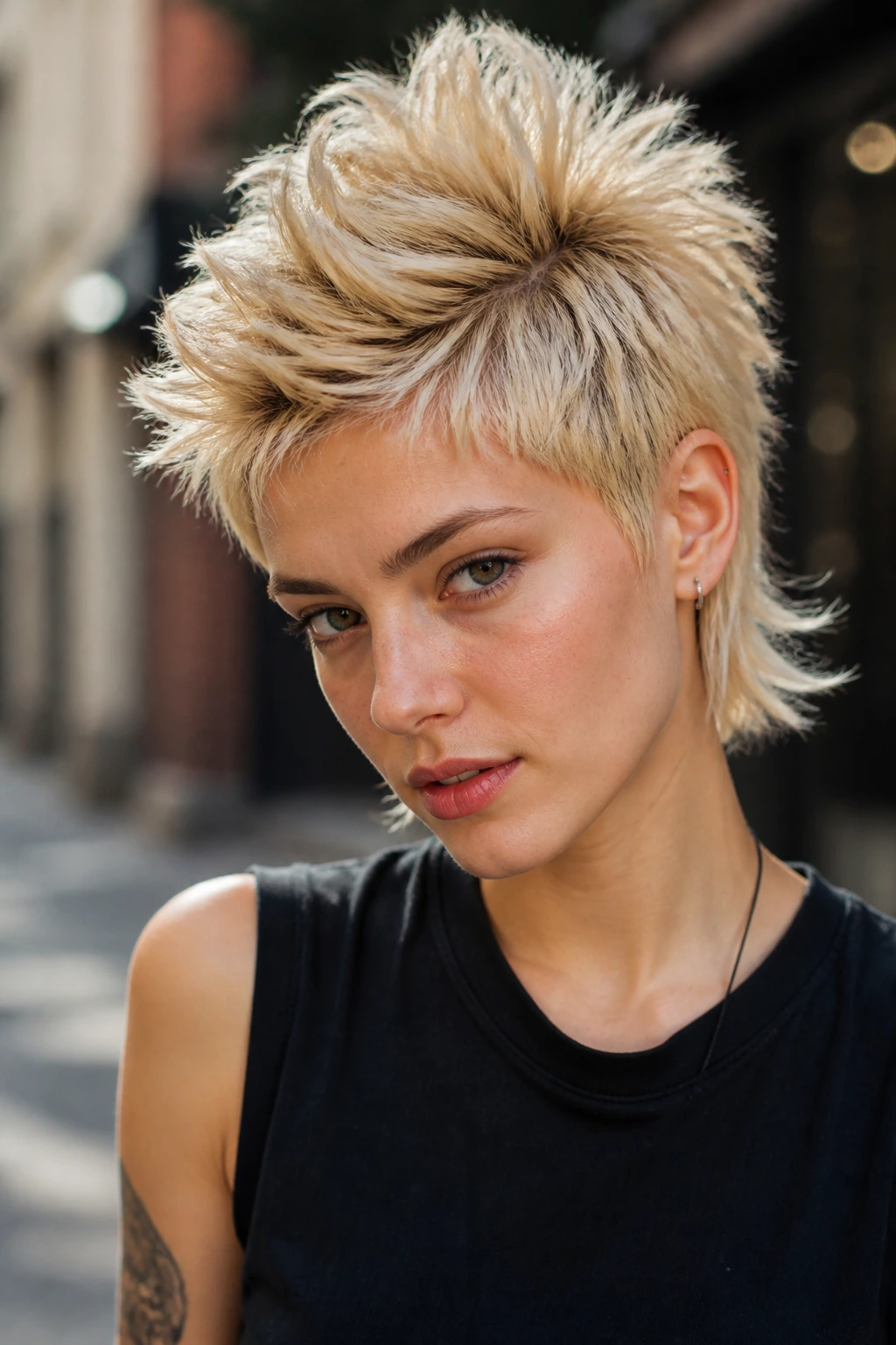 Close-up portrait of real person with feathered mohawk pixie mullet
