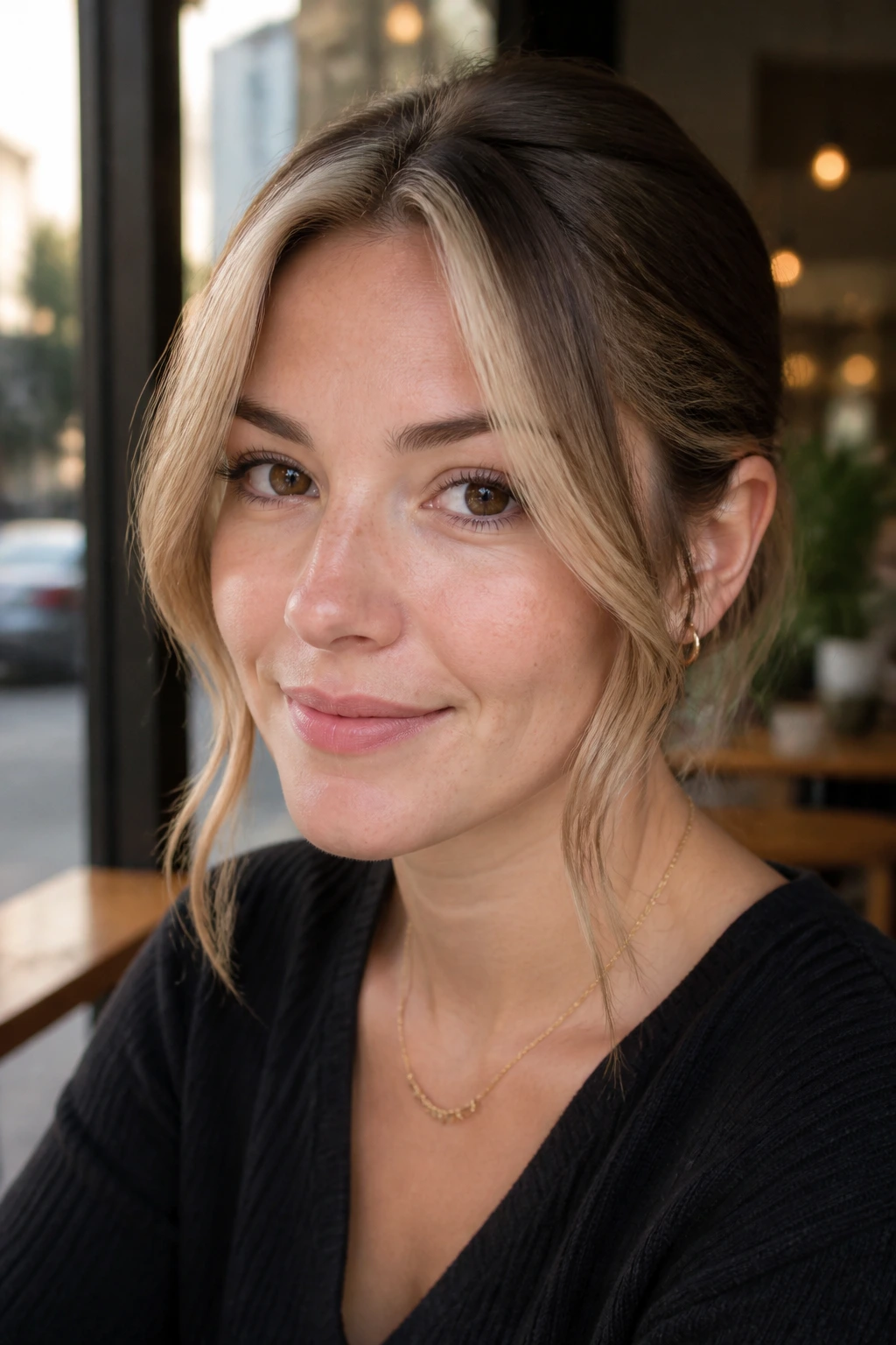 Portrait of a real woman with a feathered front highlight around eyes and temples in natural light