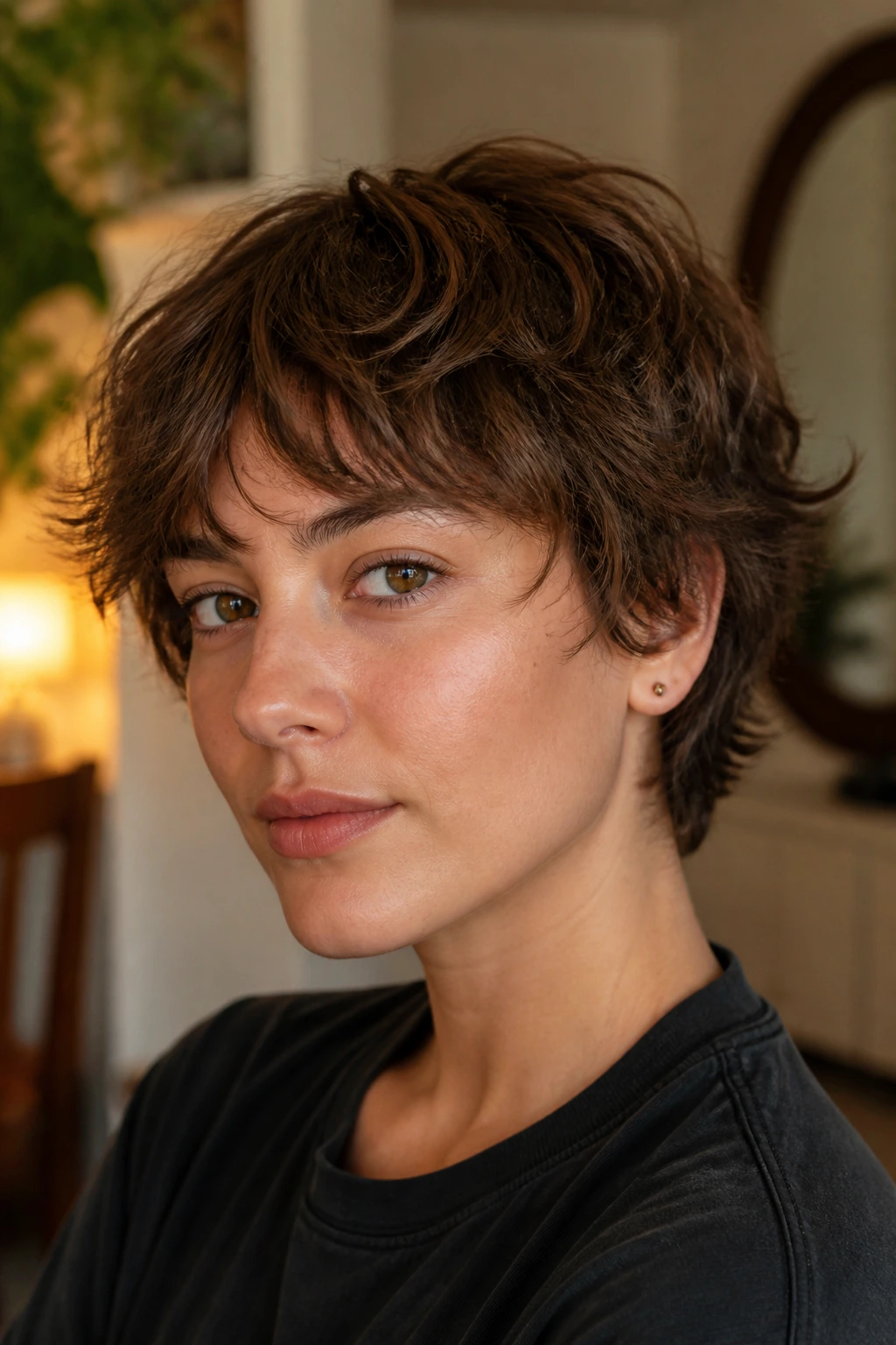Close-up of a real person with feathered mop crop haircut