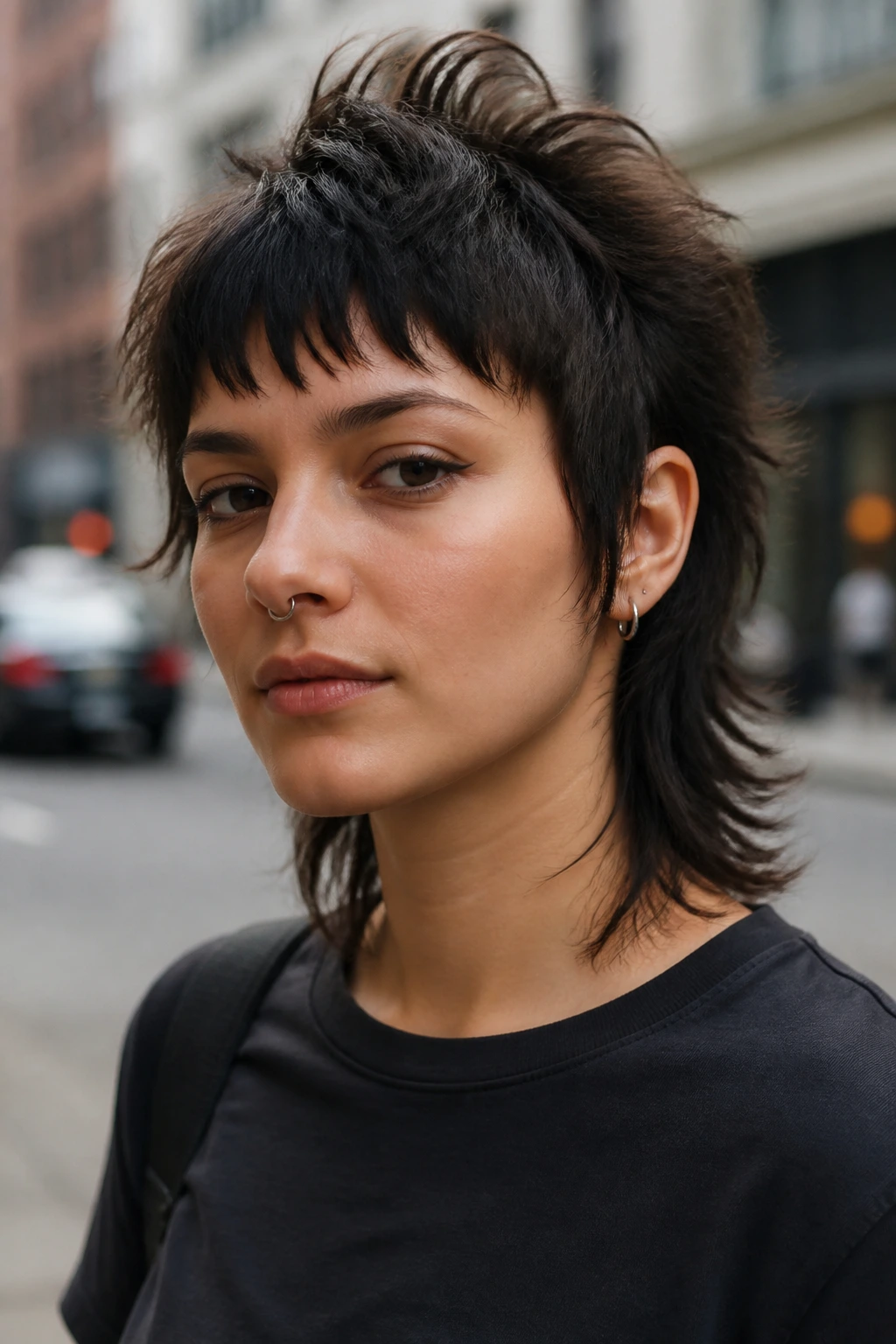Close-up of a real person with a feathered mullet crop and soft edges.