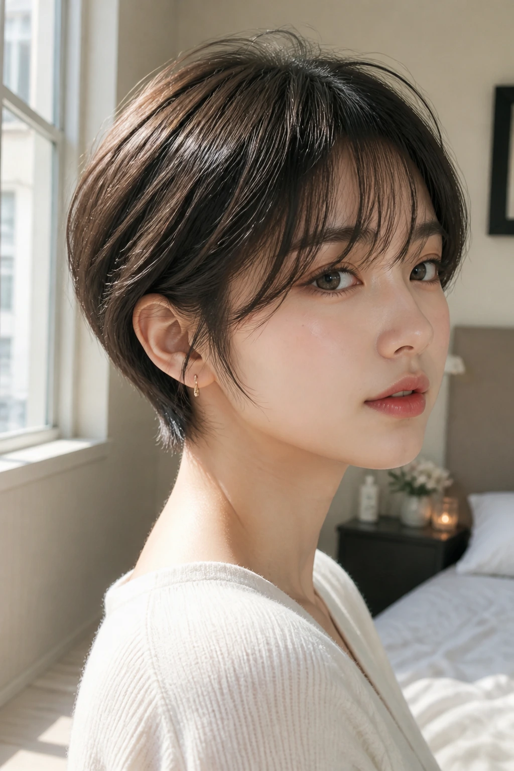 Close-up portrait of a real woman with a feathered nape pixie and wispy bangs in a softly lit bedroom