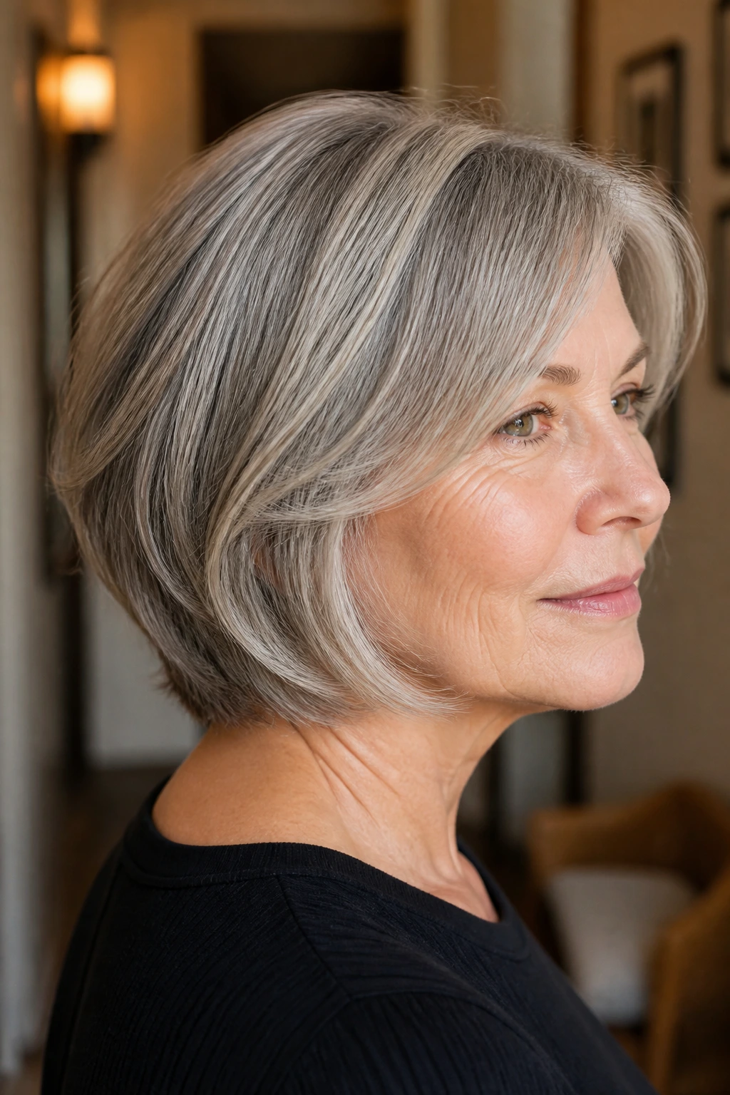 Portrait of woman with neck-grazing feathered bob in soft interior light