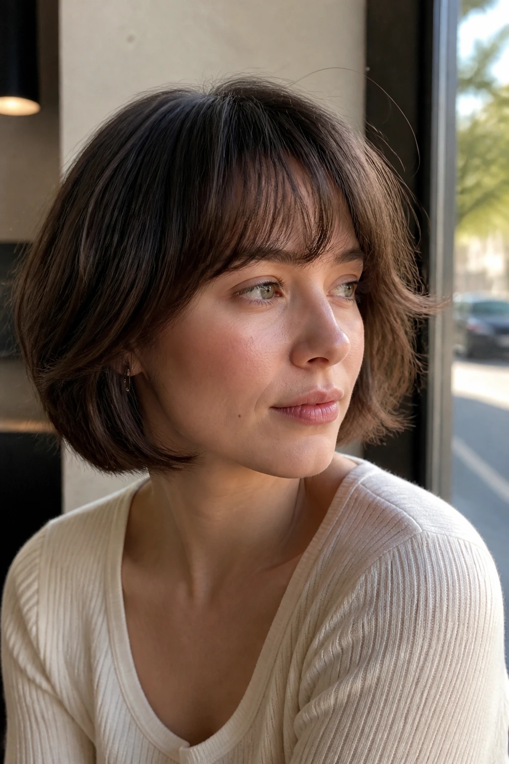 Real person with feathered neck-length bob fringe