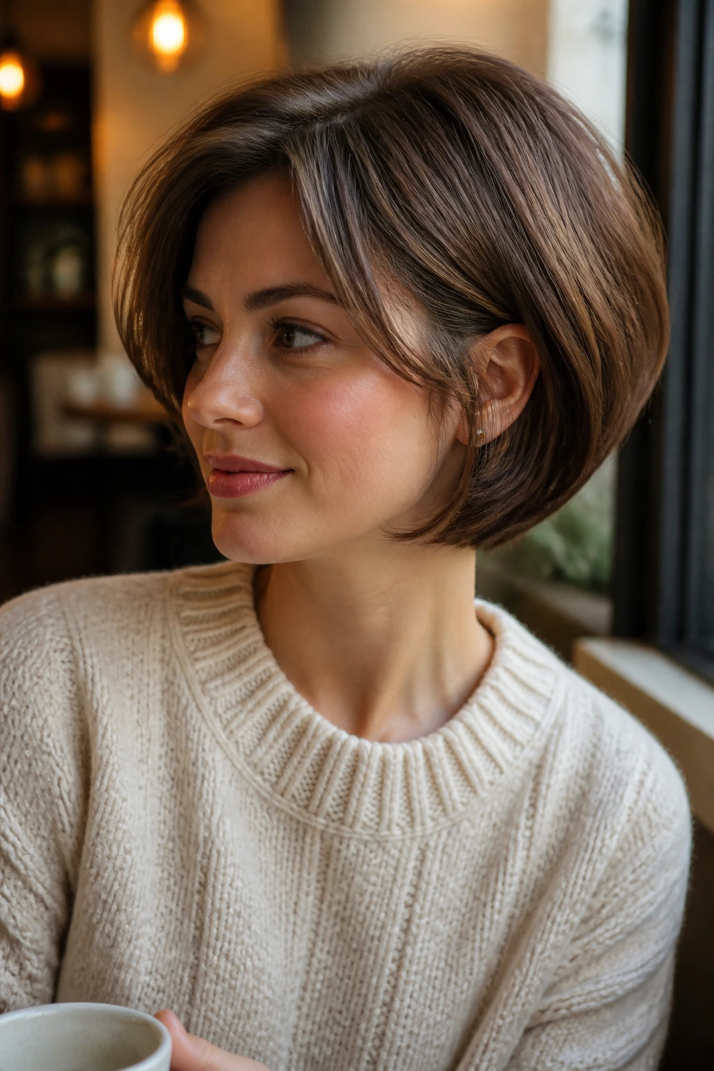 Feathered pageboy hairstyle on a real person in a cafe setting