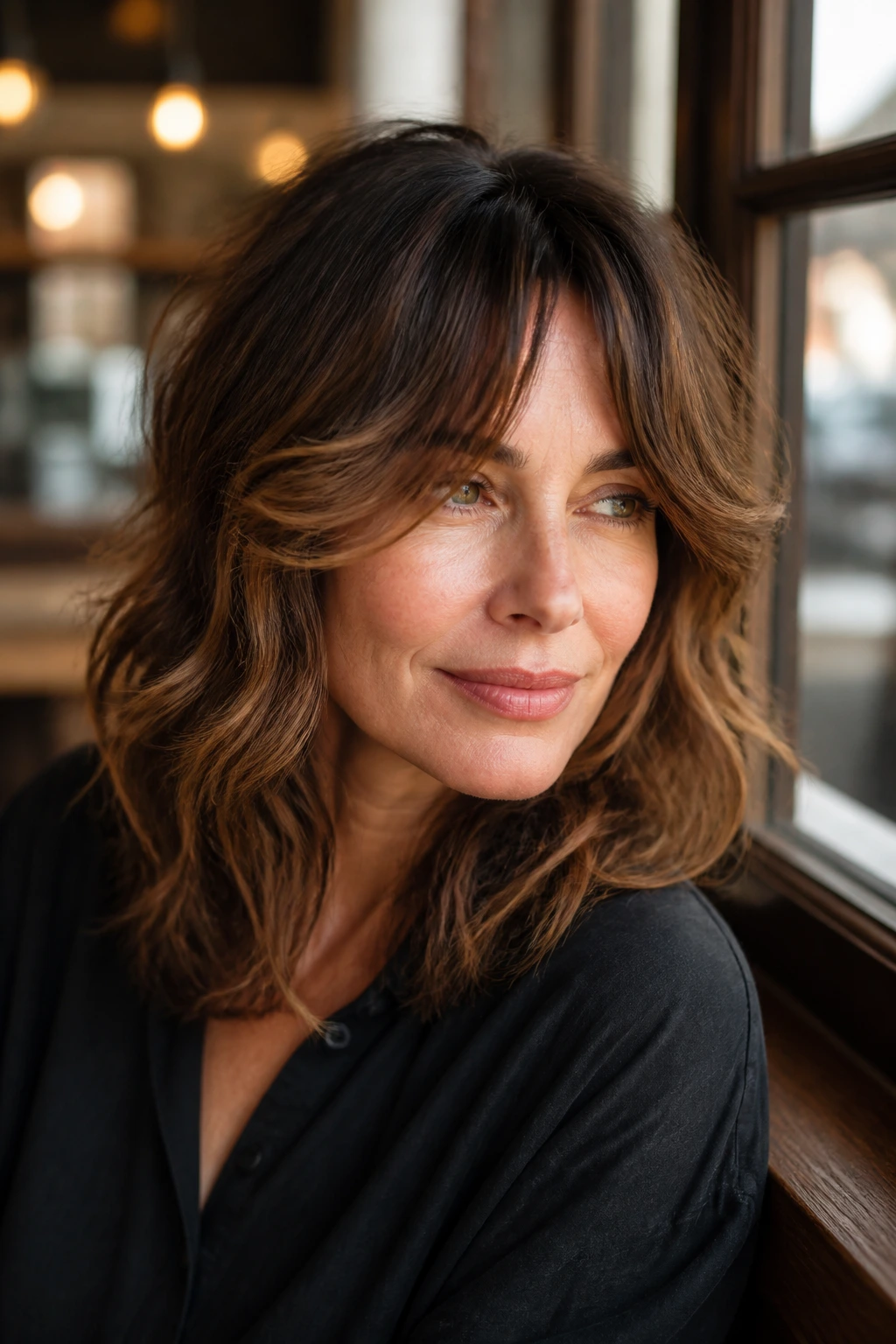Close-up portrait of a real woman with feathered peekaboo bangs and wavy hair.
