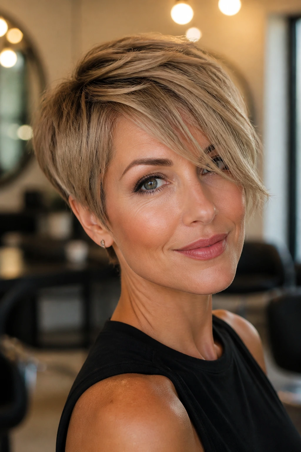 Close-up of a real woman with a feathered pixie and cheekbone-sweep bangs.