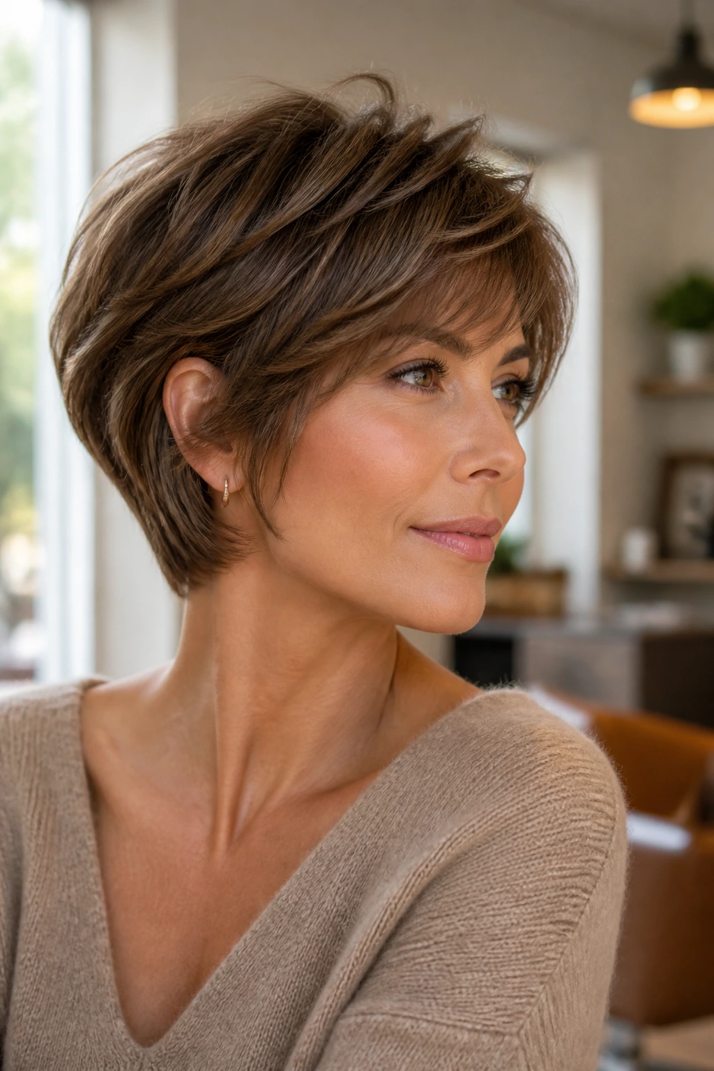 Real woman with feathered pixie-bob hairstyle in bright interior lighting
