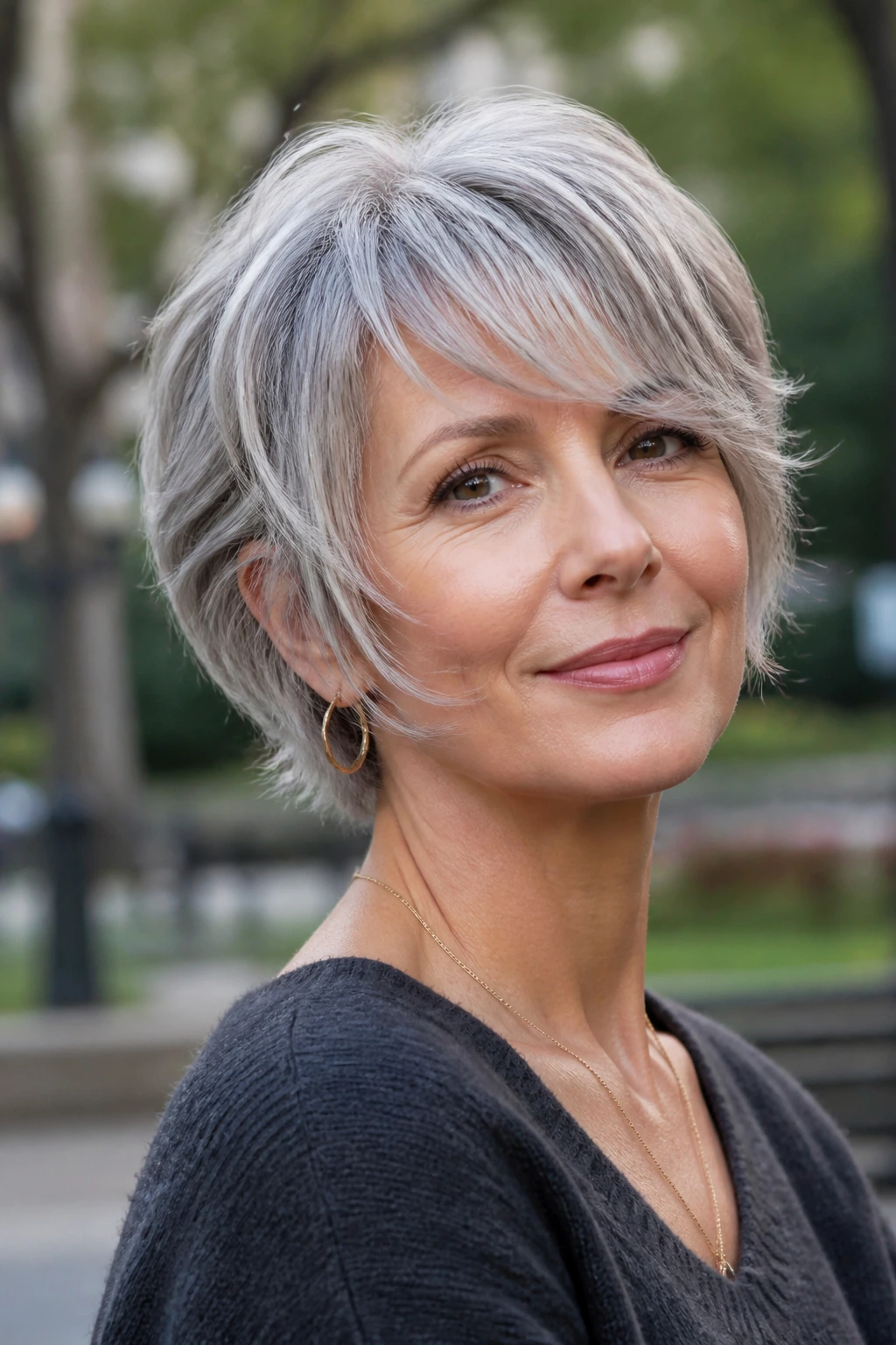 Portrait of a real woman with feathered pixie bob hybrid in gray