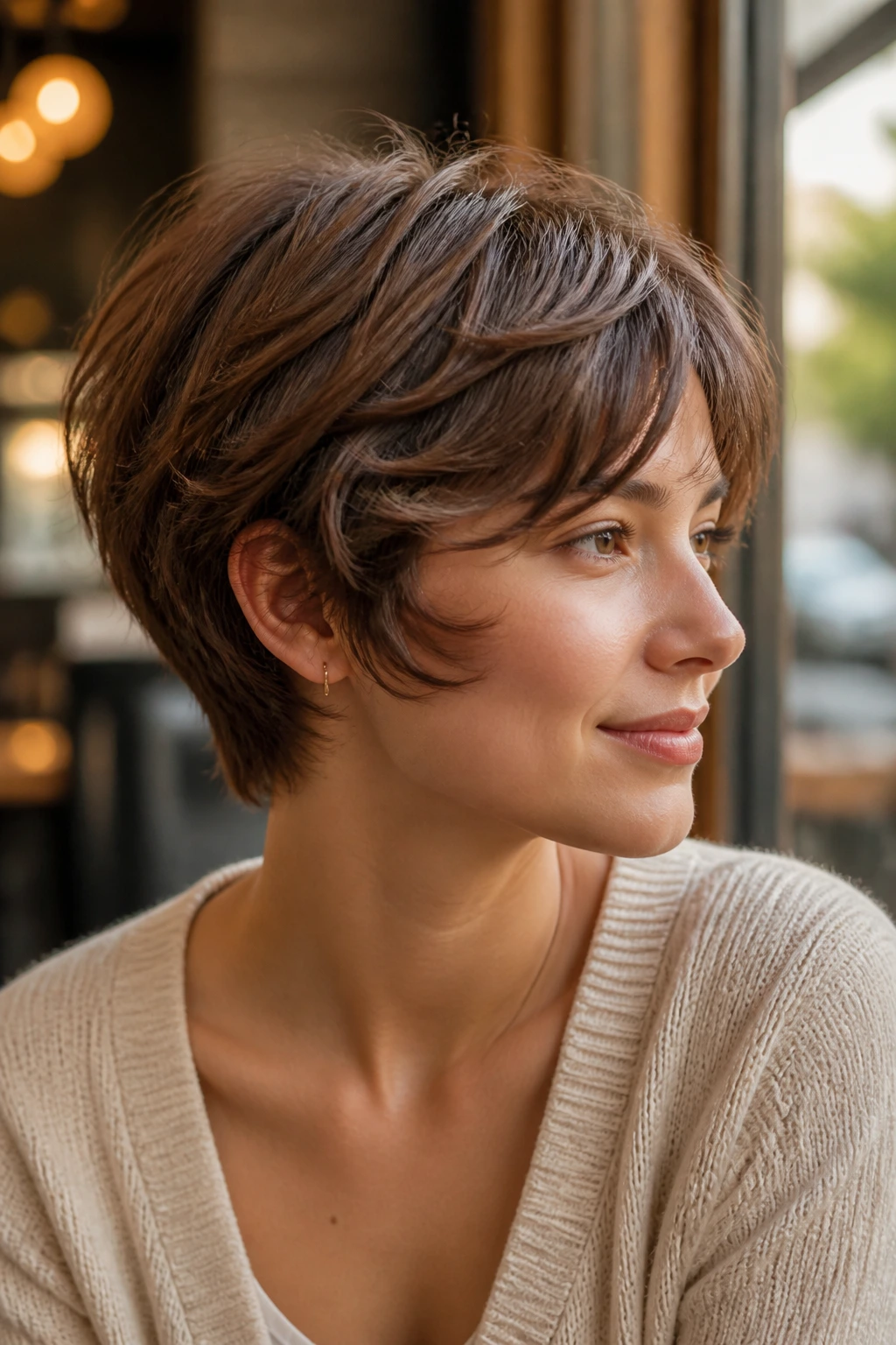 Close-up of a real woman with a feathered pixie bob.