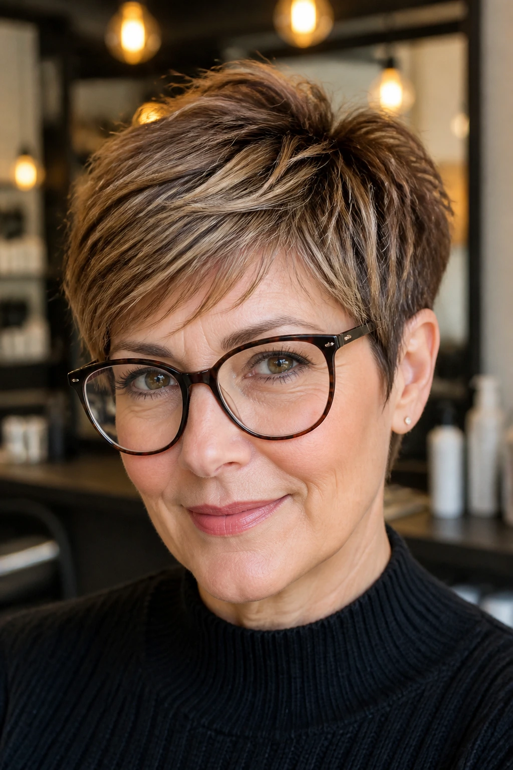 Close-up portrait of a woman with a feathered pixie and caramel threading in light studio lighting.