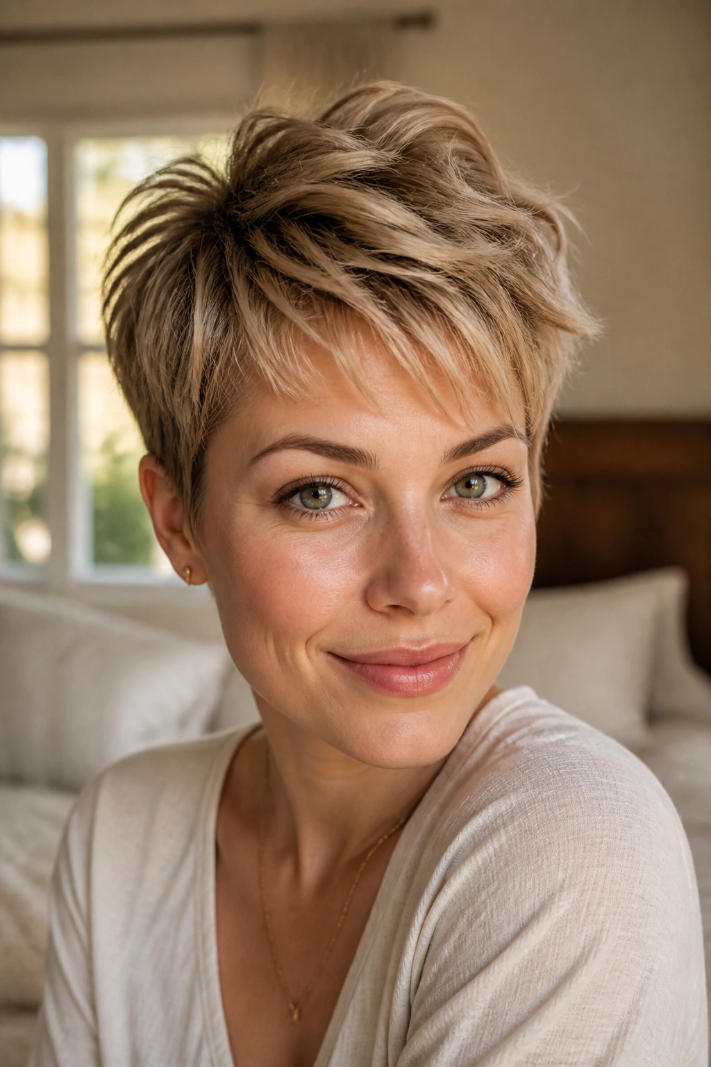 Close-up of a woman with a feathered pixie crop and lifted temples.