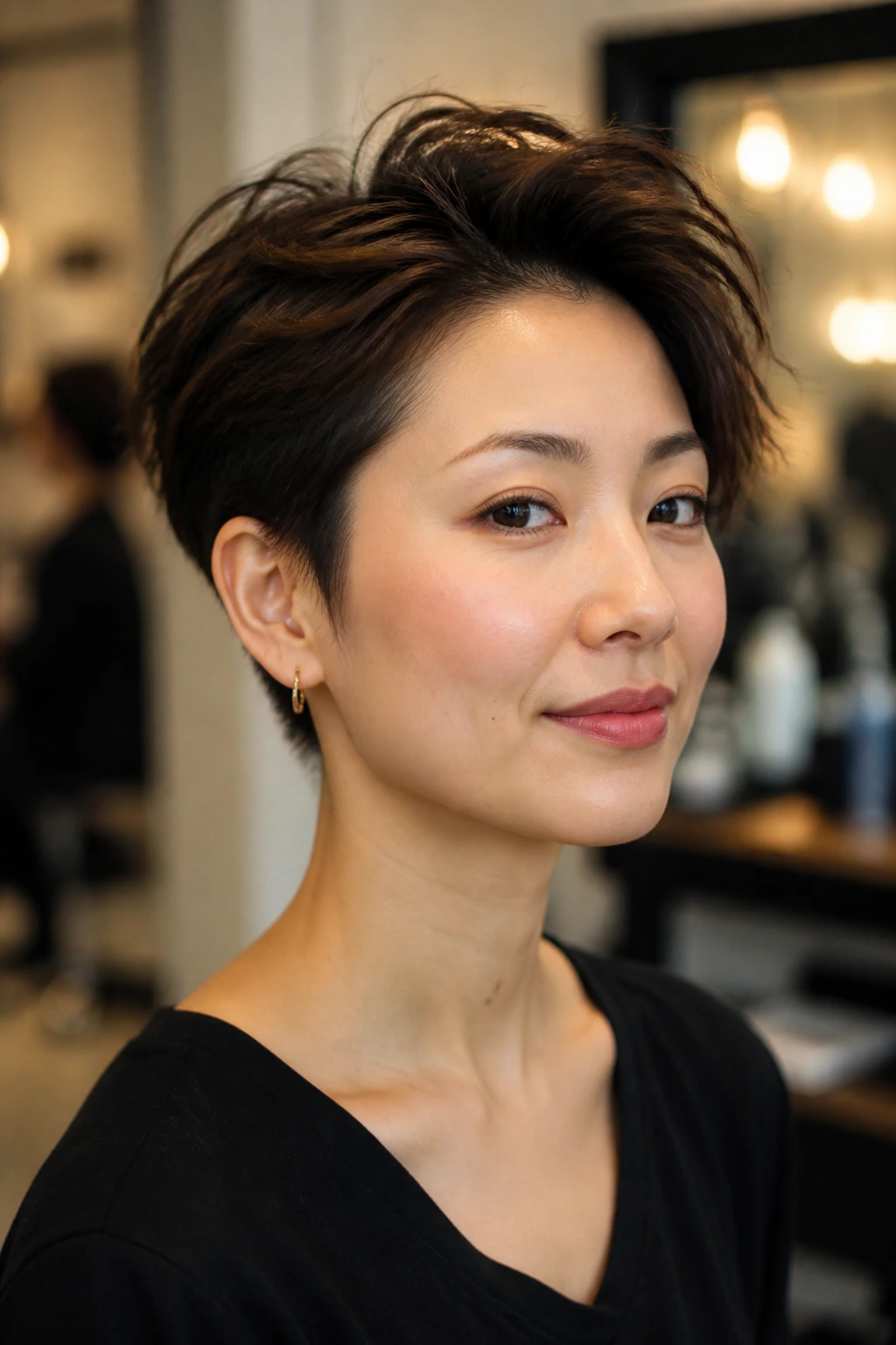 Close-up of a feathered pixie crop on a real woman in a sunlit hair salon