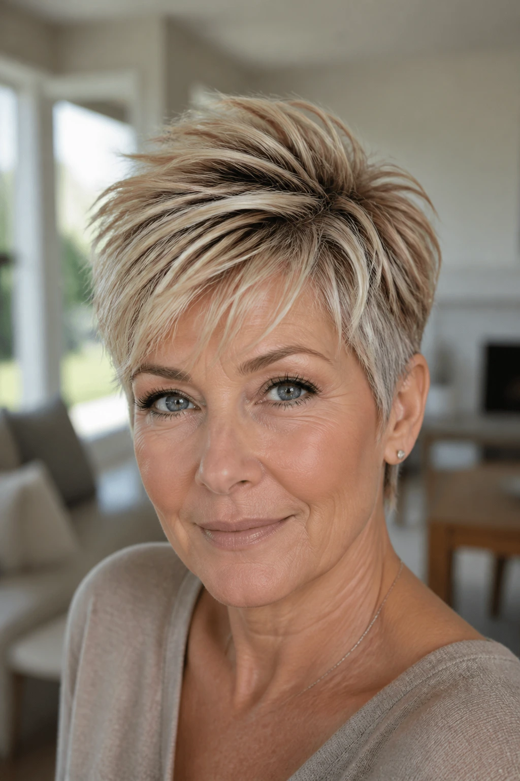 Portrait of a real woman with feathered blonde pixie and lifted crown
