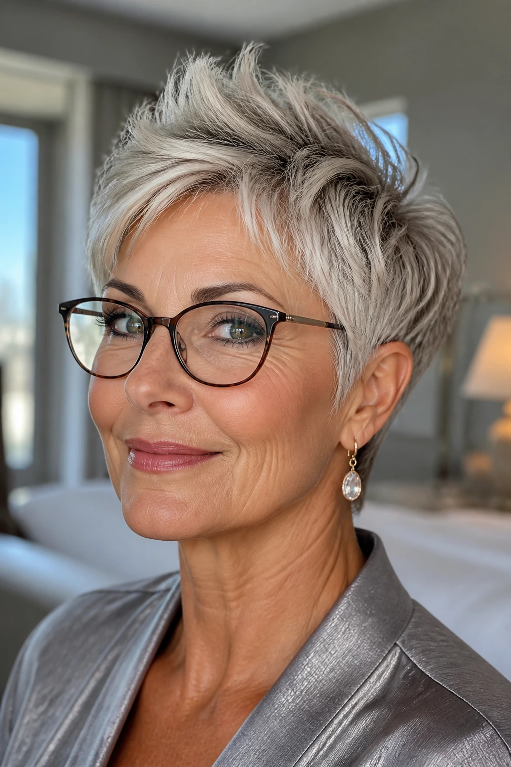 Close-up of a woman with a feathered pixie and crown lift
