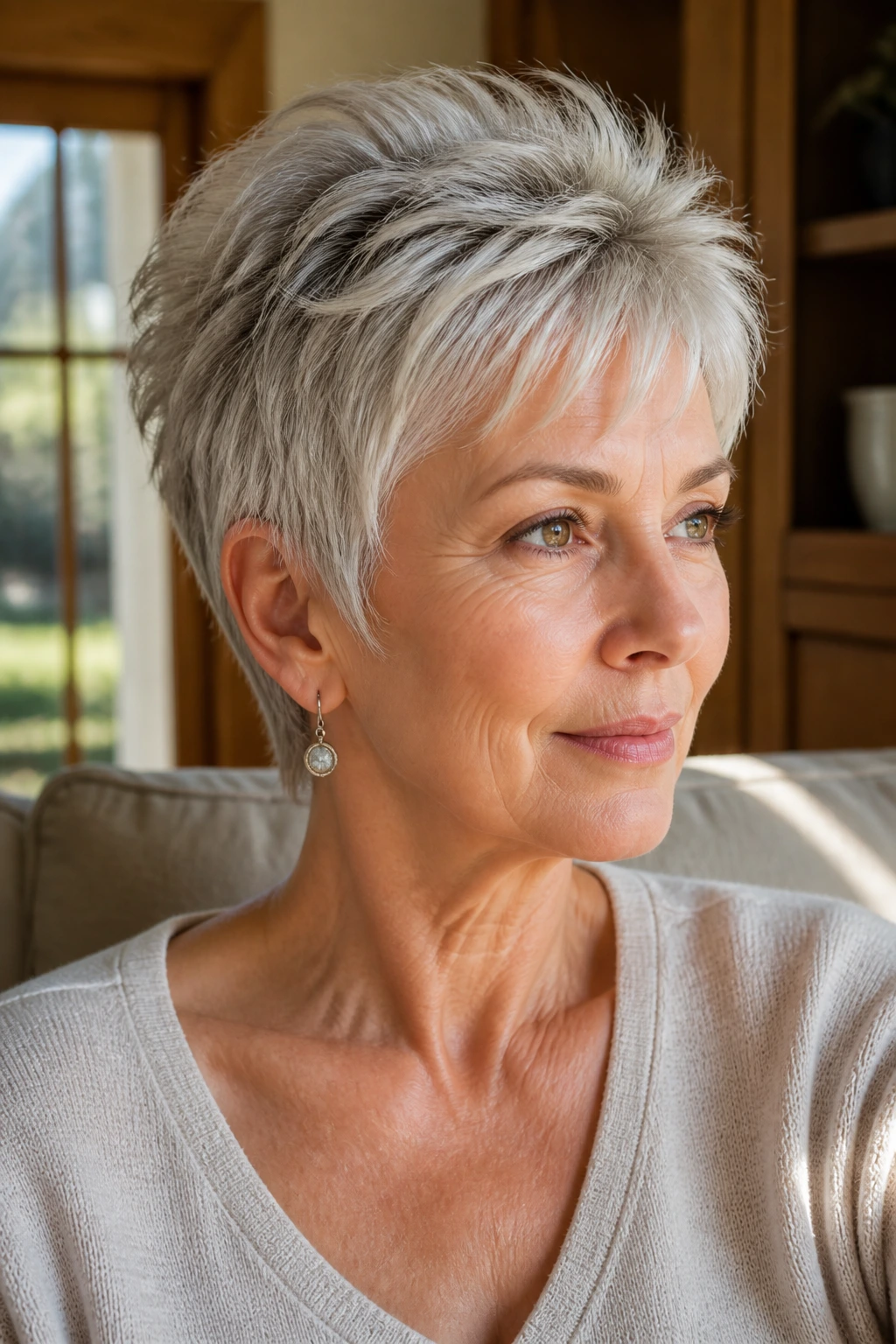 Real woman with feathered pixie showing soft crown in sunlit room