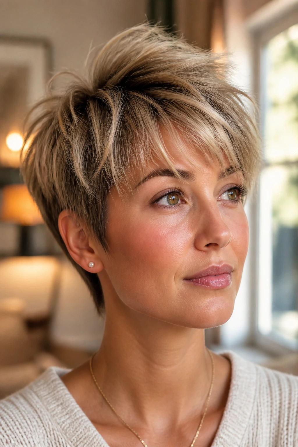 Portrait of a real woman with crown-lifted feathered pixie showing airy crown and feathered ends