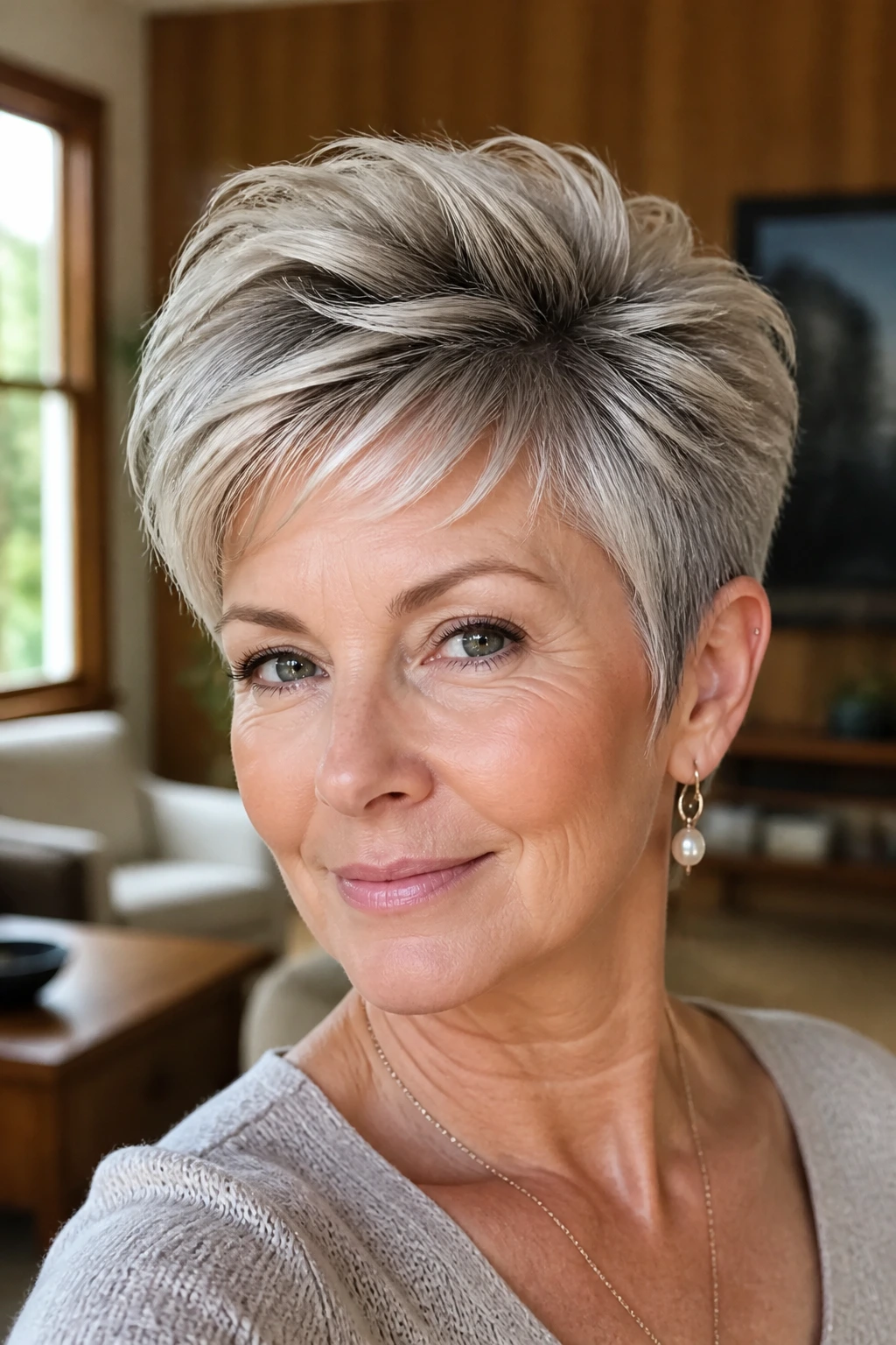 Real woman with feathered pixie and crown lift