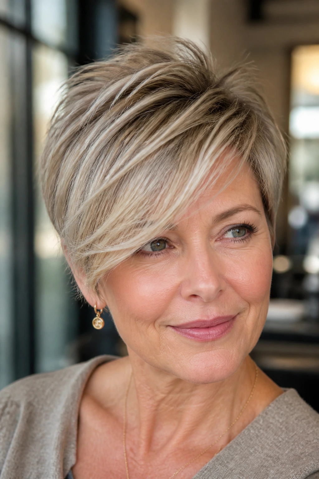 Portrait of a real woman with a feathered crown pixie and long side-swept fringe