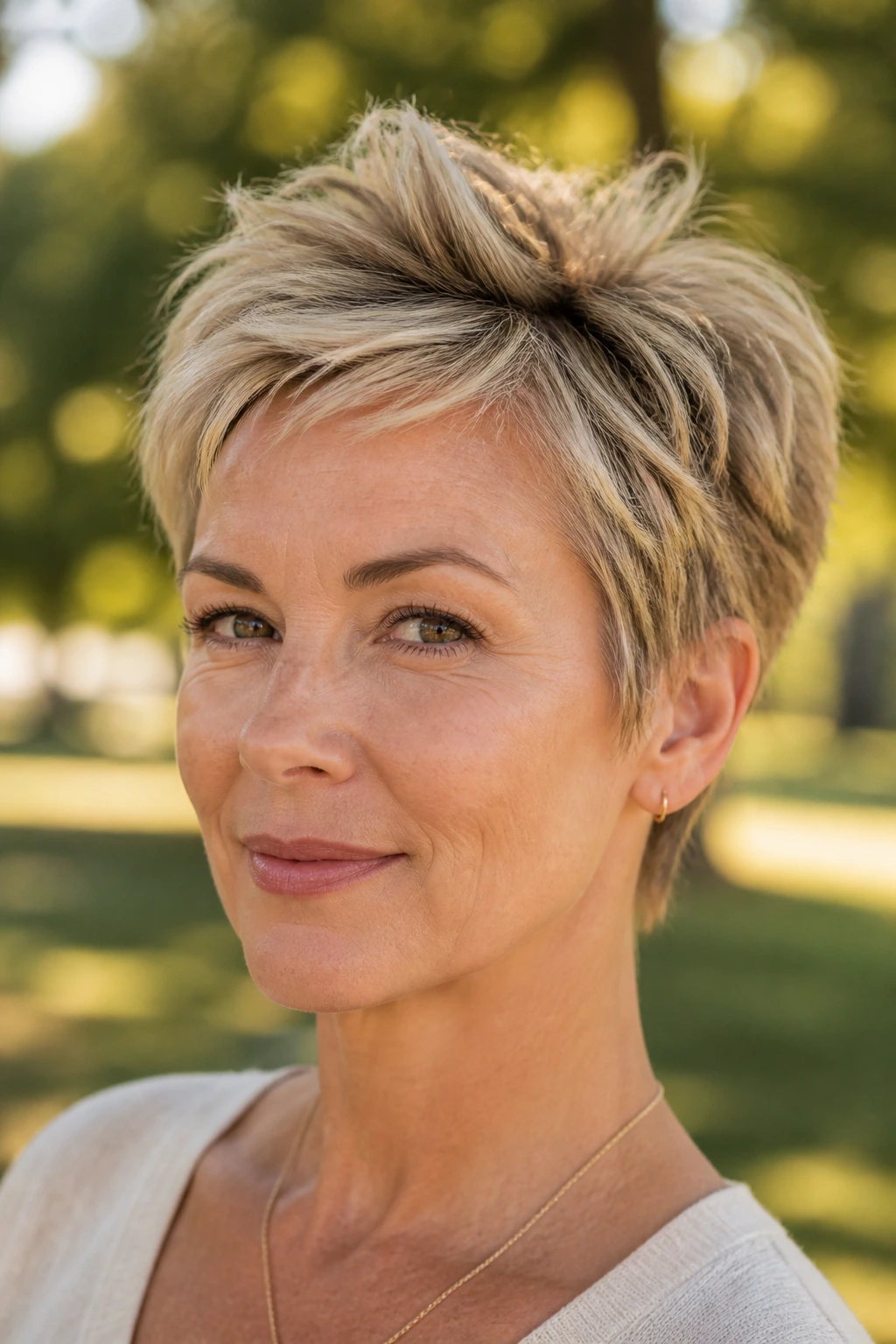 Portrait of a woman with a feathered pixie and crown lift, showing jawline and temple feathering.