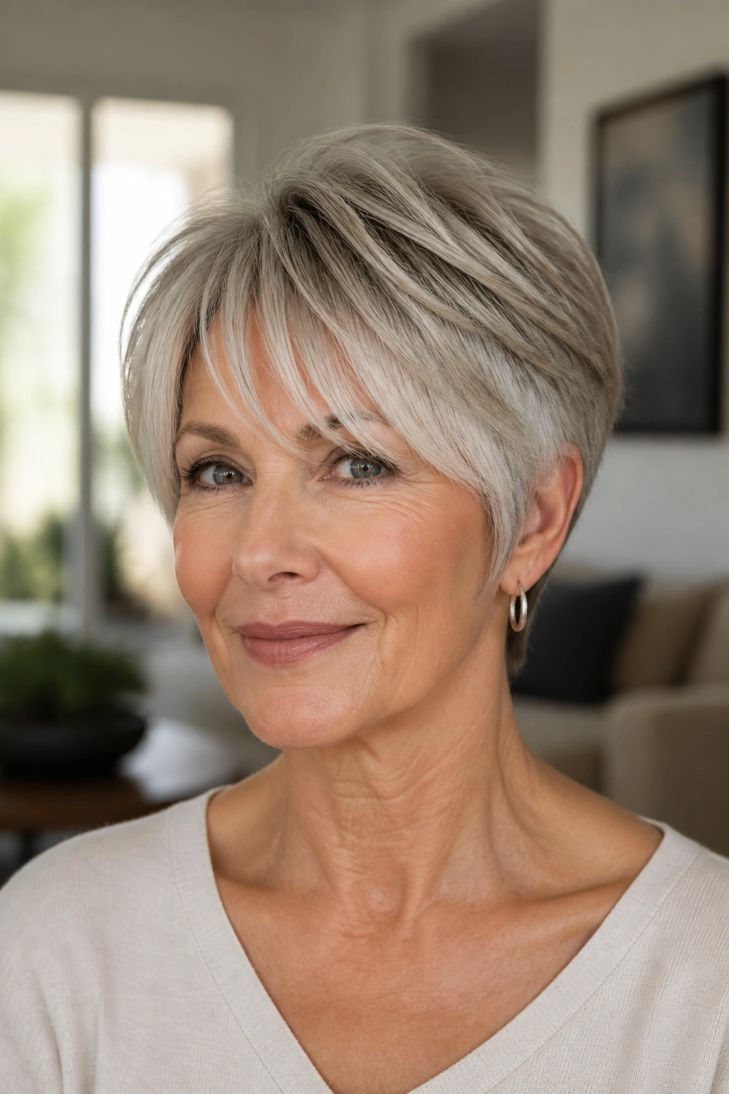 Woman with feathered pixie and long curtain fringe