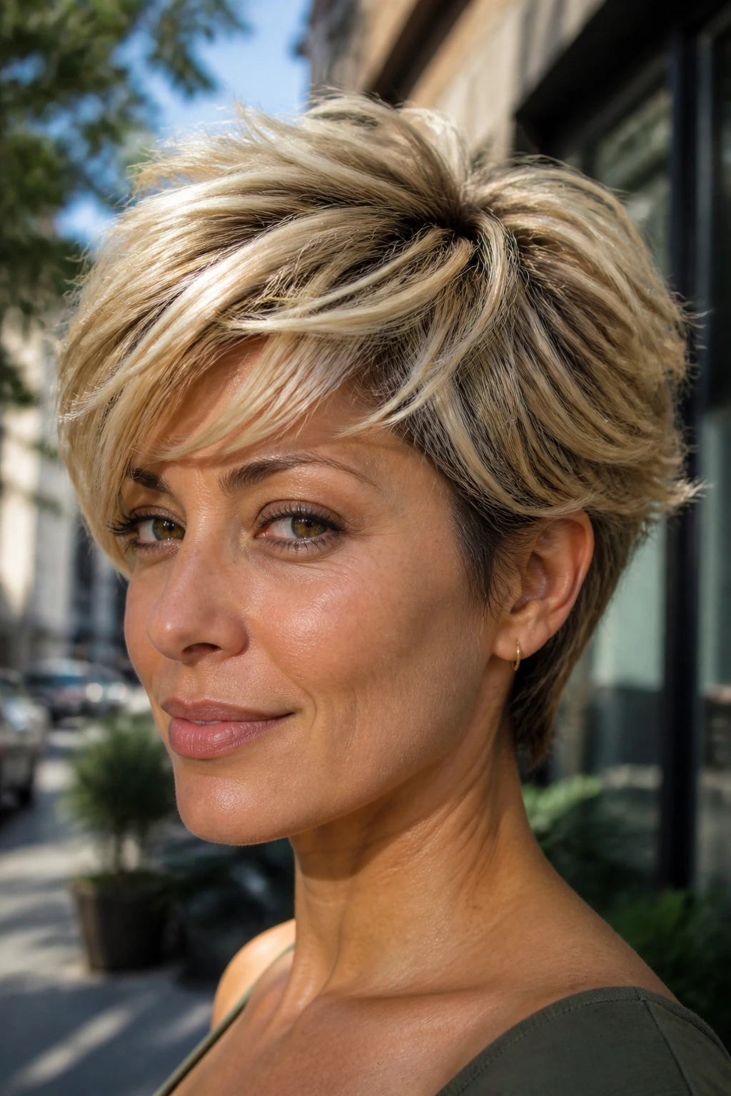 Close-up portrait of a real person with Feathered Pixie and dimensional highlights on olive skin