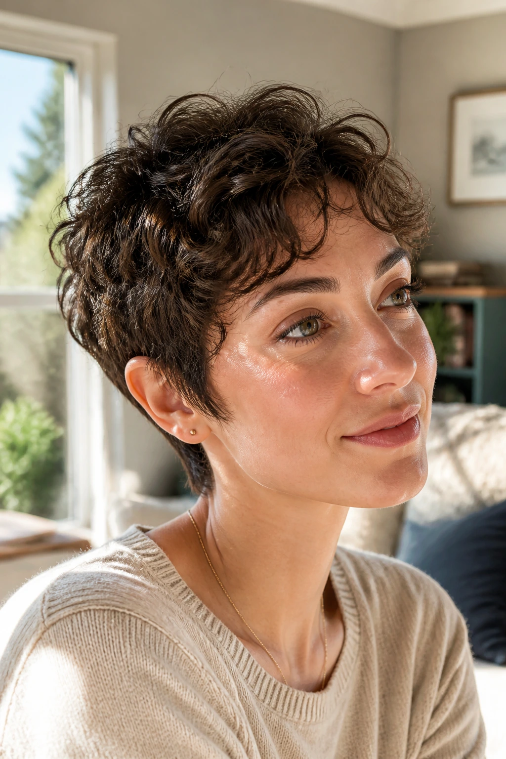 Close-up of a real woman with feathered curly pixie on fine hair in a sunlit living room