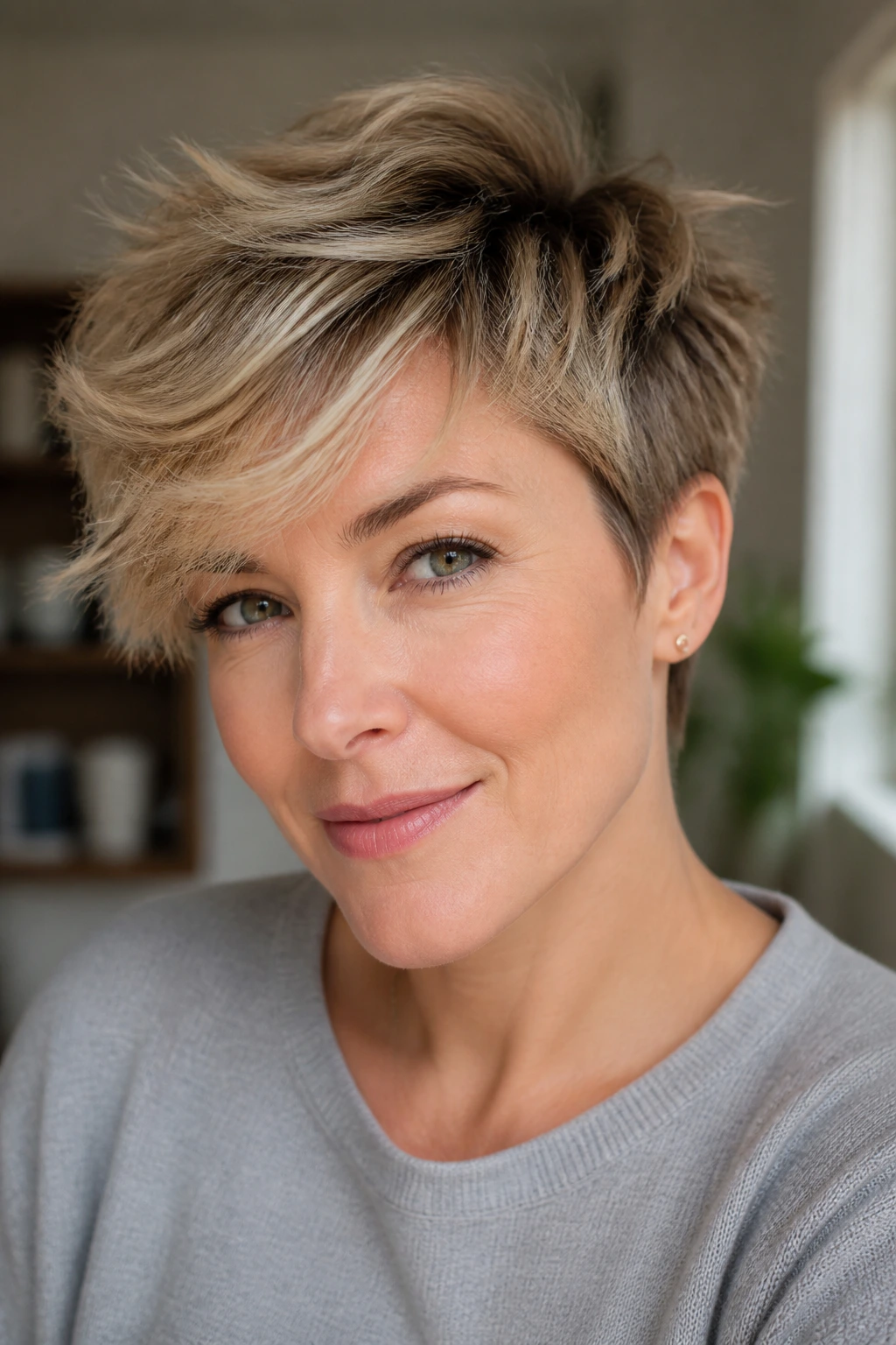 Close-up of a real woman with a feathered pixie and lifted fringe