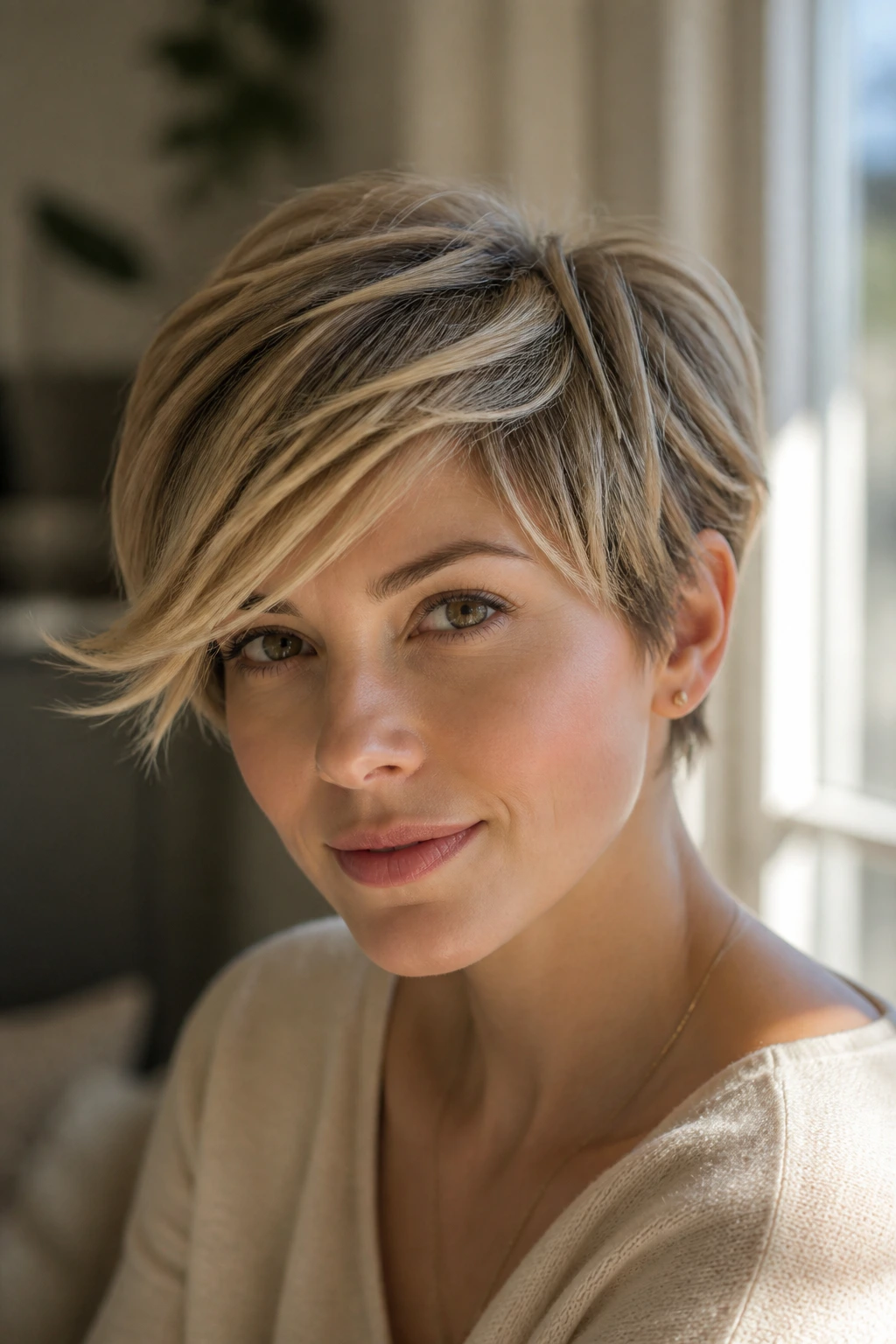 Close-up of a real person with a feathered pixie and swept fringe