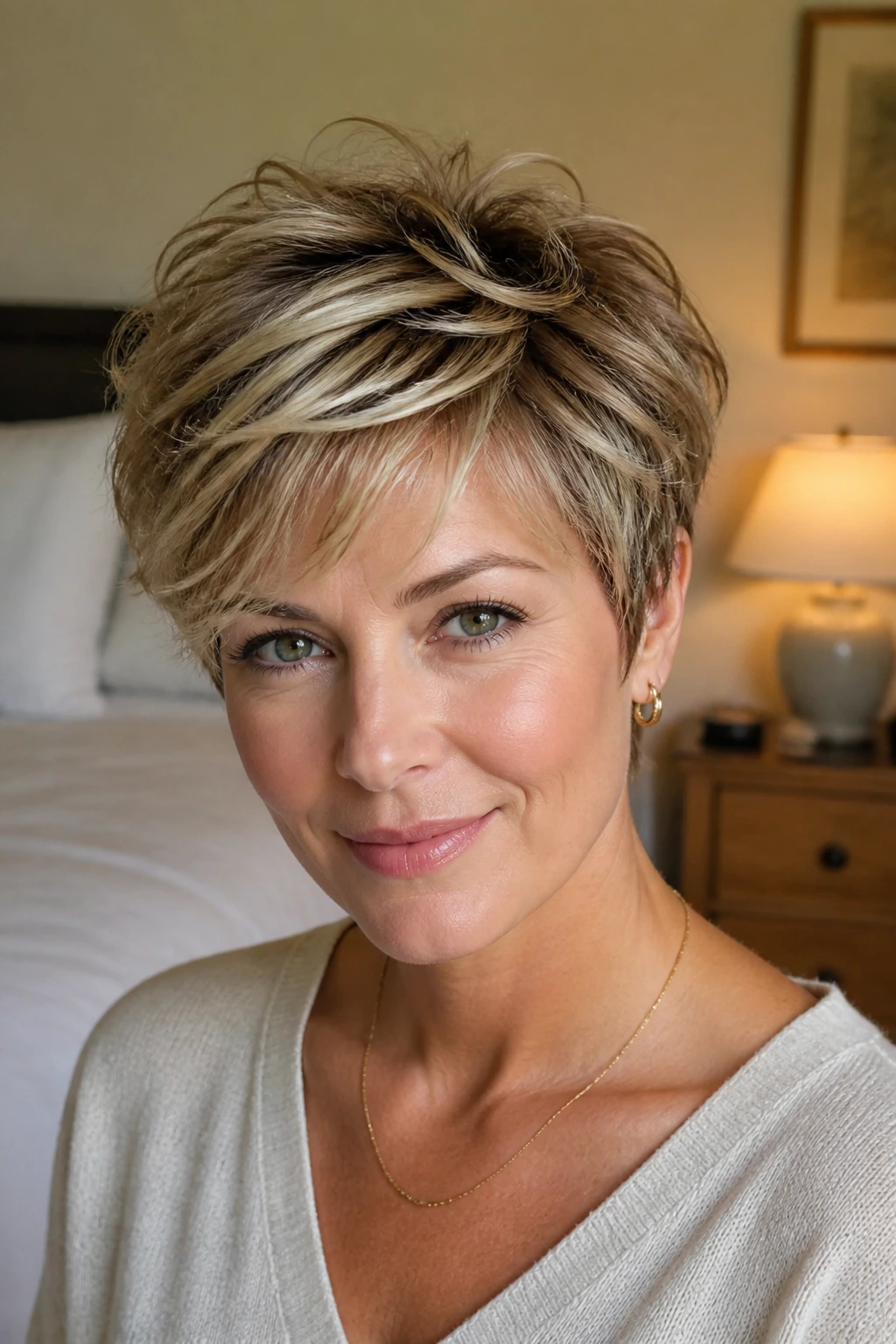 Portrait of a woman with feathered layered pixie showing light-feathered ends and soft layers.