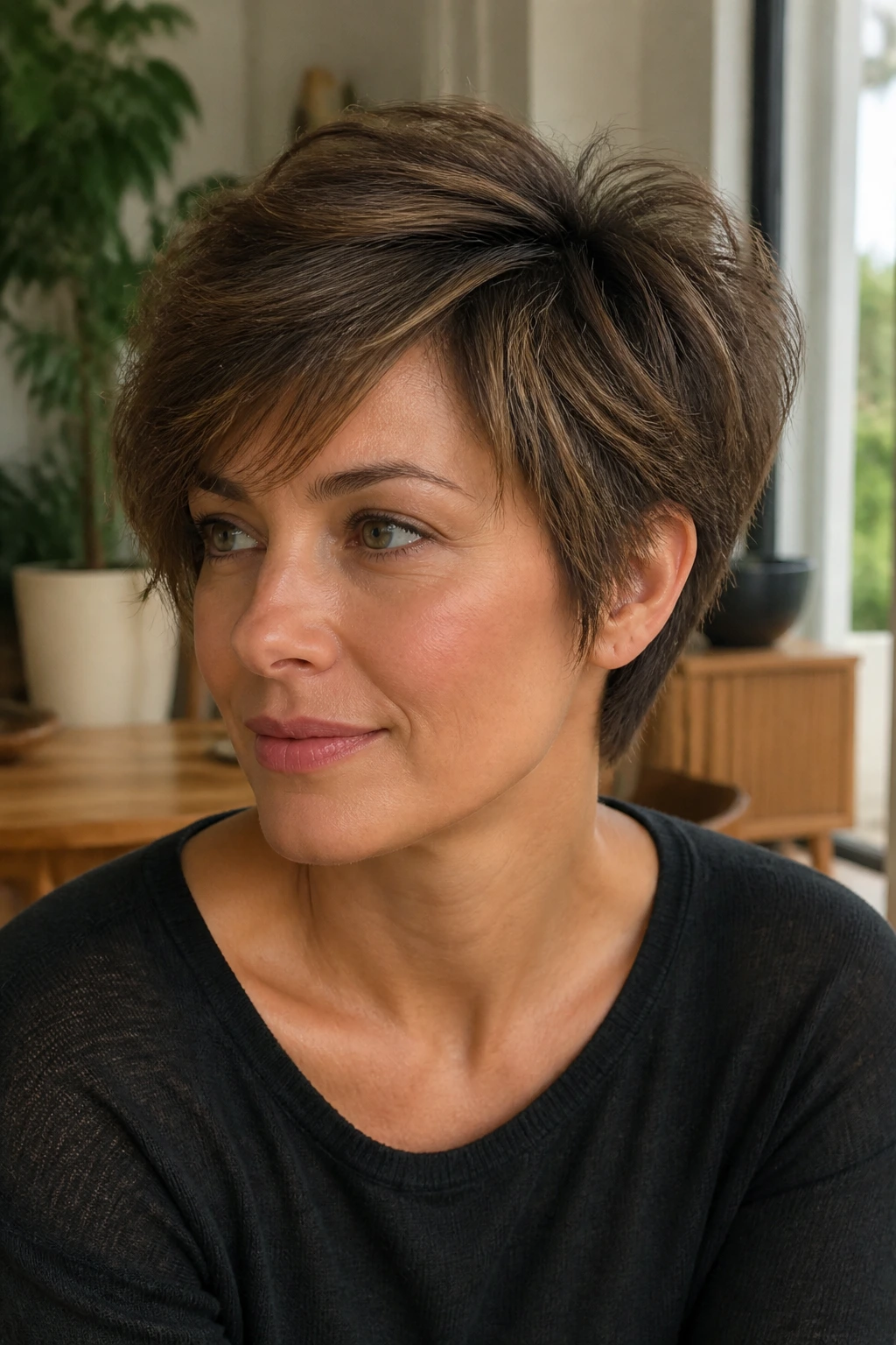 Close-up portrait of a real woman with feathered pixie layers.