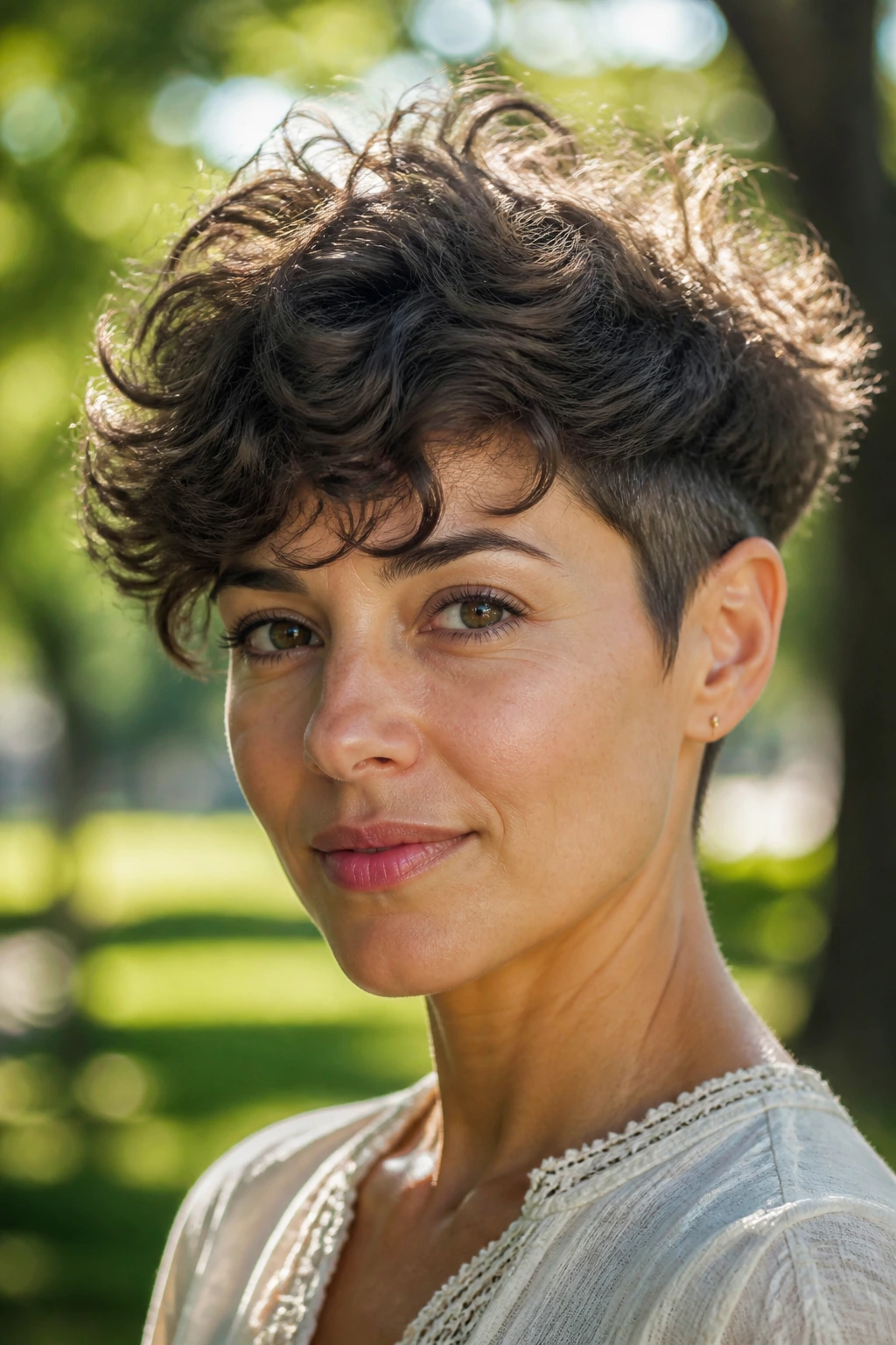 Close-up portrait of a woman with feathered long pixie and open sides in sunlit park