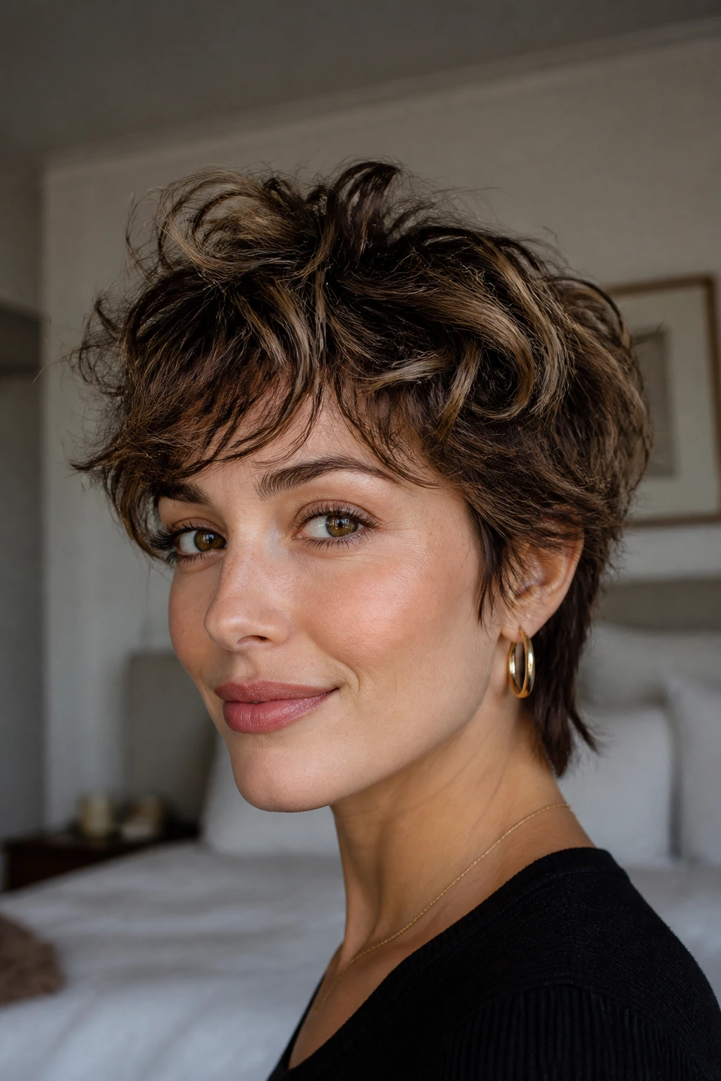 Close-up portrait of a real woman with feathered pixie shag in natural window light