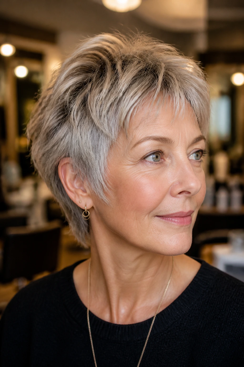 Close-up portrait of a real woman with feathered pixie shag and soft crown in a warm salon