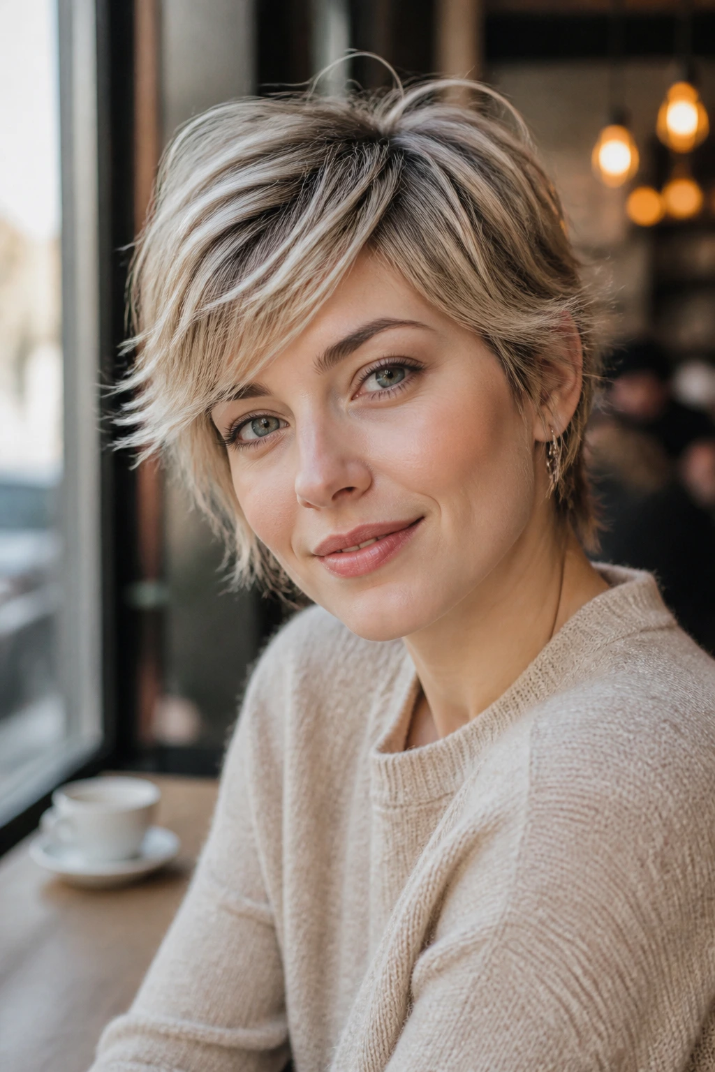 Close-up portrait of a real woman with feathered pixie shag and side-swept fringe.