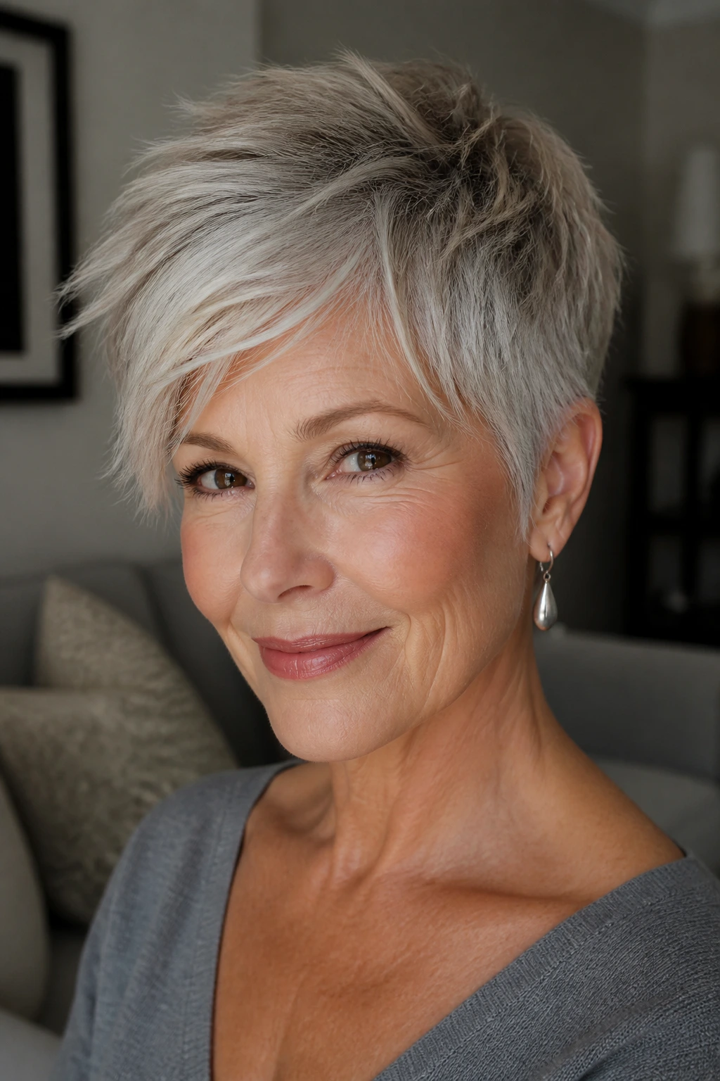Portrait of a real woman with a feathered side-sweep pixie